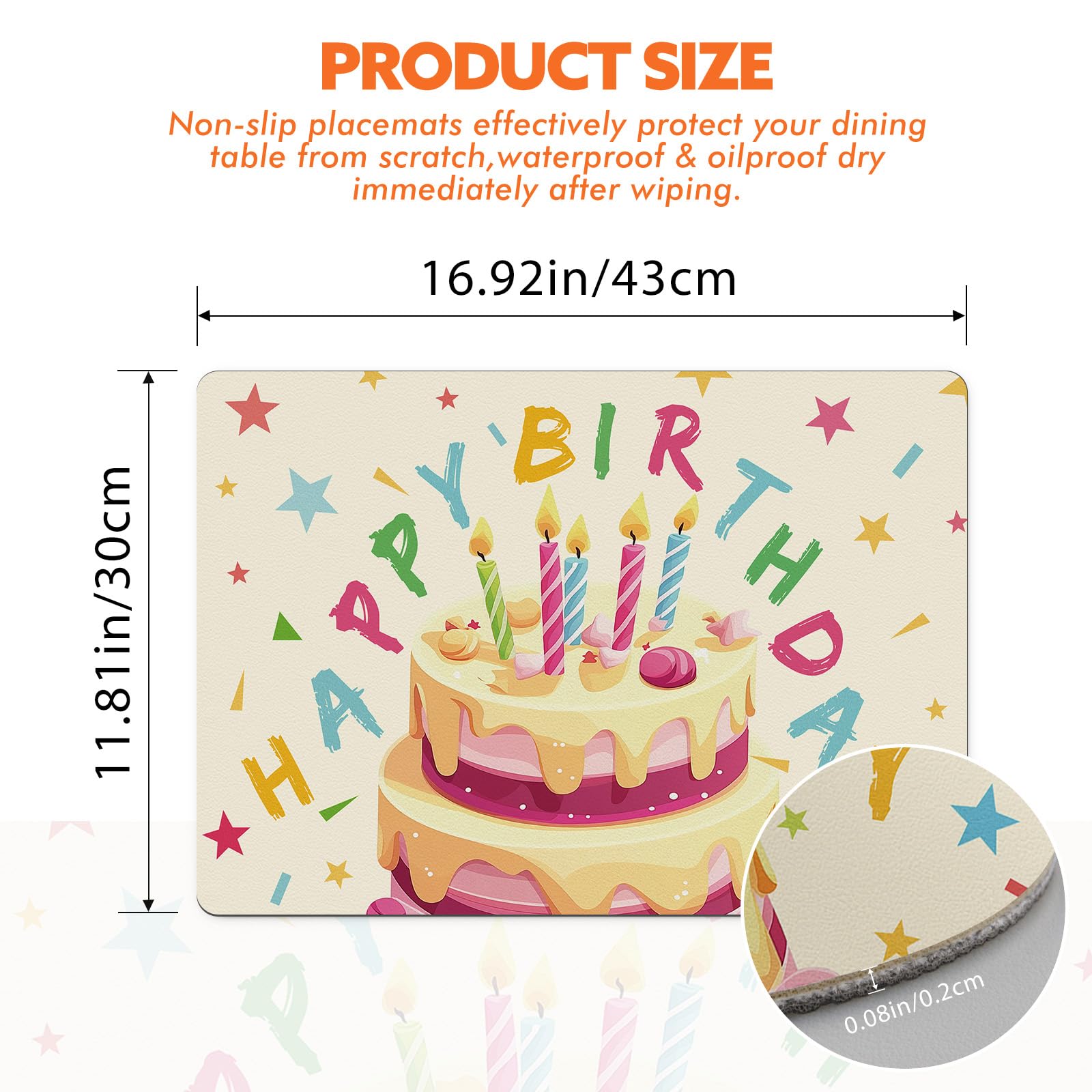 4-Pack Birthday Party Placemats - Faux Leather Table Mats for Indoor/Outdoor Use | Washable, Non-Slip & Heat Resistant | Perfect for Birthday Celebrations, Kitchen Dining, and Outdoor Gatherings