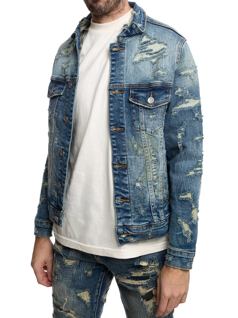 Embellish Herro Men’s Distressed Washed Denim Jacket - Blue Vintage Denim Coat for Casual Outfits & Streetwear Style
