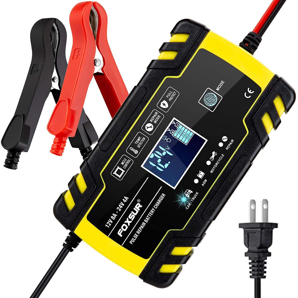 12V/8A 24V/4A Smart Car Battery Charger with LCD Display - Automatic Trickle Charger & Maintainer with Pulse Repair for Cars, Trucks, Motorcycles, Lawn Mowers, Boats - Perfect for Winter Storage & Vehicle Maintenance