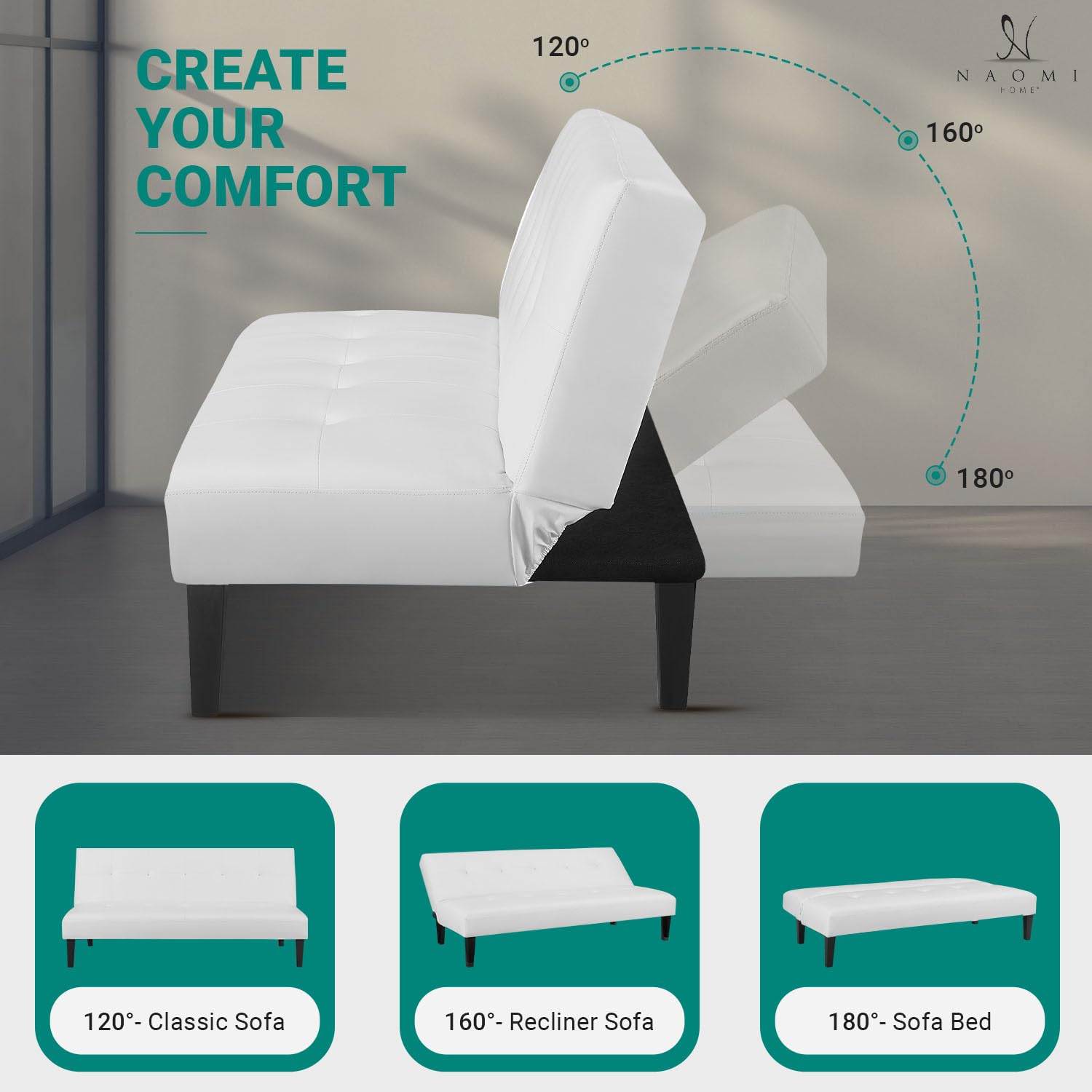 Naomi Home White Faux Leather Convertible Futon Sofa Bed - Button Tufted 3-Position Sleeper with Wooden Legs, 58 lbs Lightweight (500 lbs Capacity) - Perfect for Small Apartments, Guest Rooms & Home Offices