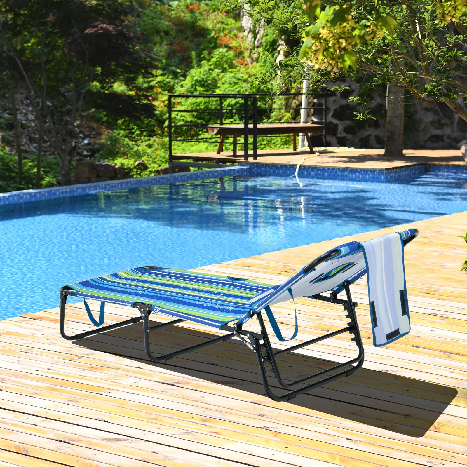 GYMAX 350lbs Heavy Duty Tanning Chair with Face Hole - Adjustable Folding Chaise Lounge for Beach, Pool, Patio - Includes Washable Pillow & Carry Strap - Perfect for Sunbathing, Relaxing Outdoors, Backyard Lounging (Stripe)