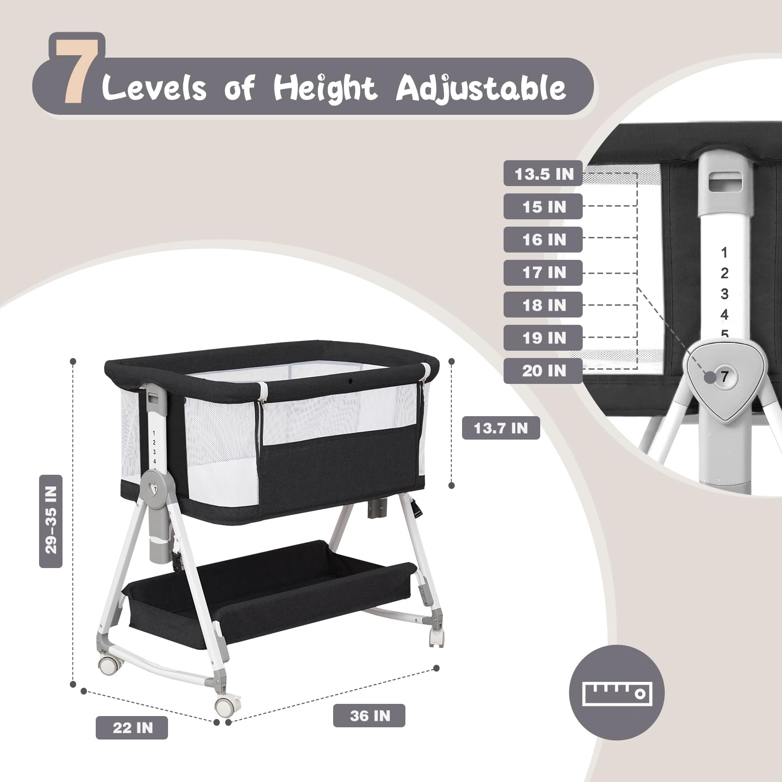 3-in-1 Portable Baby Bassinet with Hanging Toys | Foldable Bedside Sleeper Crib with 4-Sided Mesh, Wheels & Storage Basket | 6 Height Adjustable for Newborns & Infants | Perfect for Nursery, Bedroom & Travel (Black)