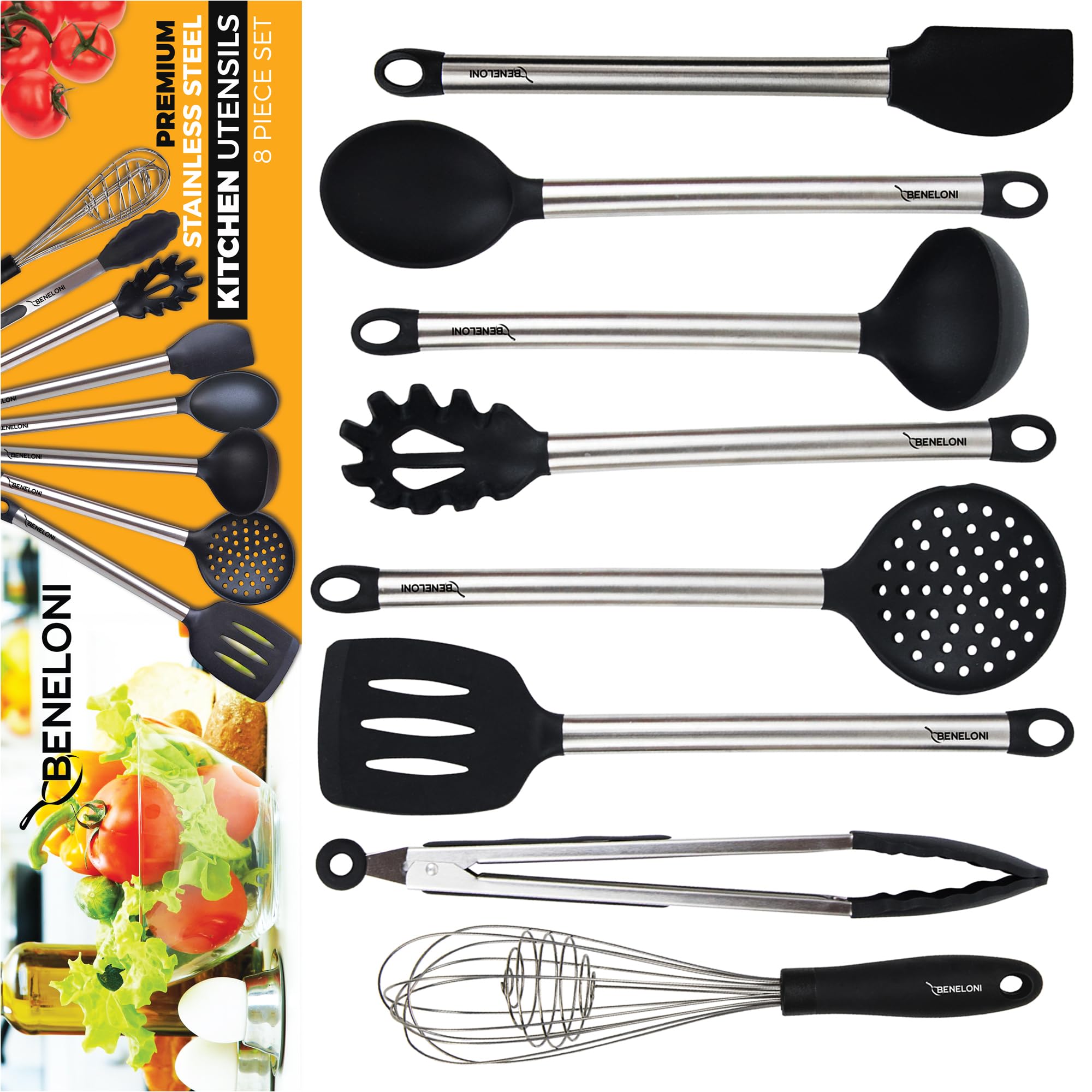 Premium Silicone Kitchen Utensil Set - 6-Piece Stainless Steel & Black Cooking Tools with Tongs, Spoons, Spatula, Ladle, Whisk & Frosting Spatula | Nonstick Safe, Heat Resistant | Ideal for Baking, Cooking, Grilling & Serving