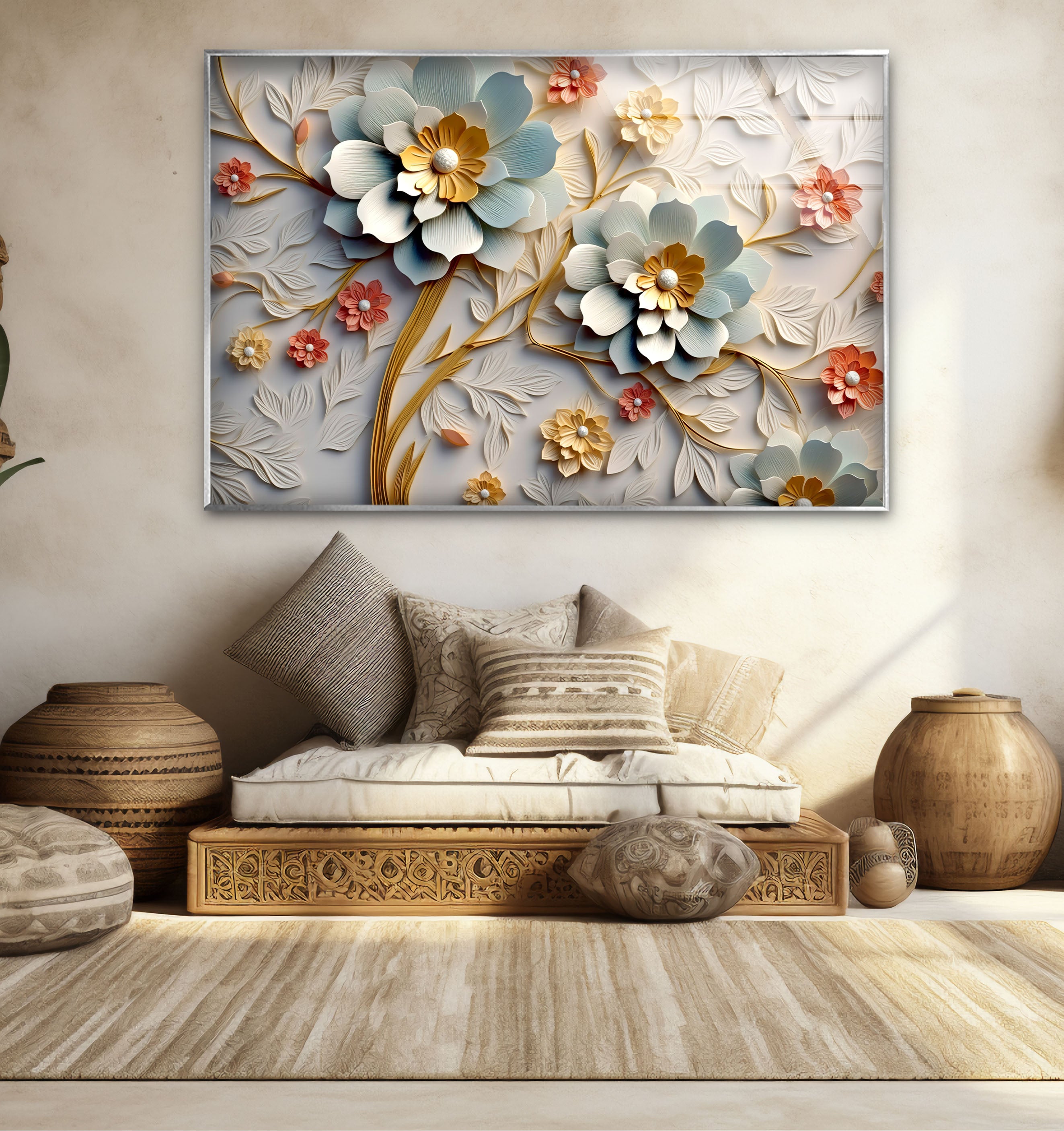 3D Blooming Flower Wall Art - Elegant Embossed Glass Floral Print for Home Decor, Living Room, Bedroom, Office | Modern Botanical Wall Decor for Interior Design