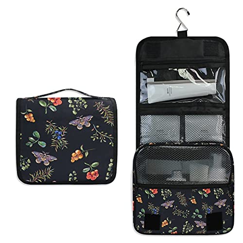Berry Wildflower Butterfly Tropical Plant Hanging Toiletry Bag - Black Travel Makeup Organizer for Women | Portable Cosmetic Kit with Clear Pockets | Perfect for Camping, Gym & Vacation Trips