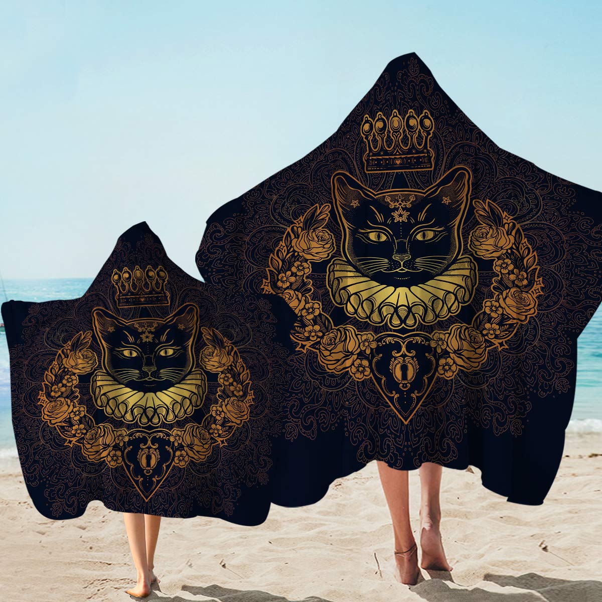 Sleepwish Mandala Cat Beach Towel - 50x60 Inch Hooded Bath Towel for Women & Kids, Black Rose Gold Boho Design, Wearable Hoodie Towel for Beach, Pool, Spa, Yoga & Travel