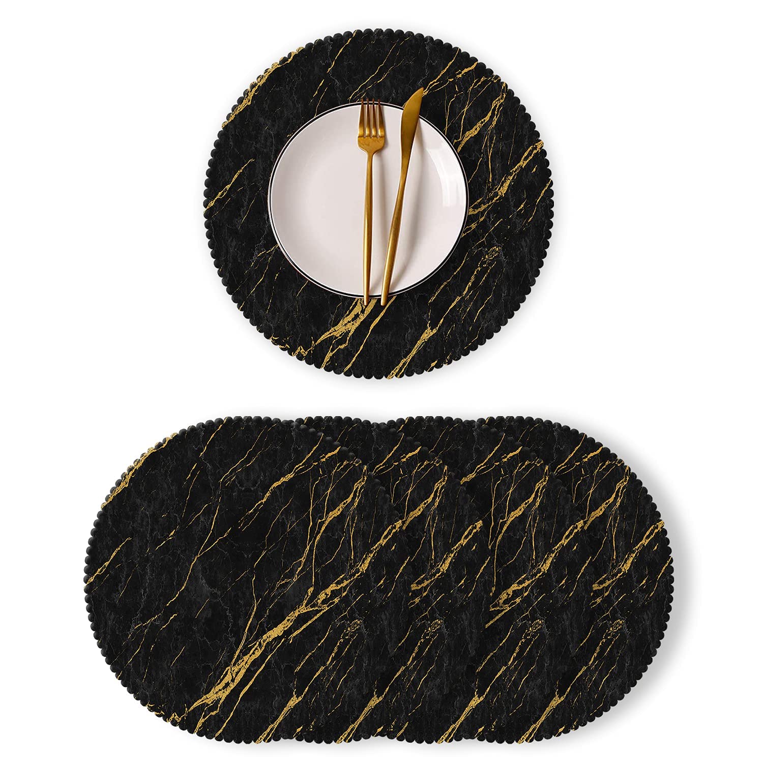 4 Pack Round Heat Resistant Polyester Placemats - Black Gold Marble Table Mats for Kitchen & Dining Room Decor, Christmas Holiday Dinner Party Table Setting