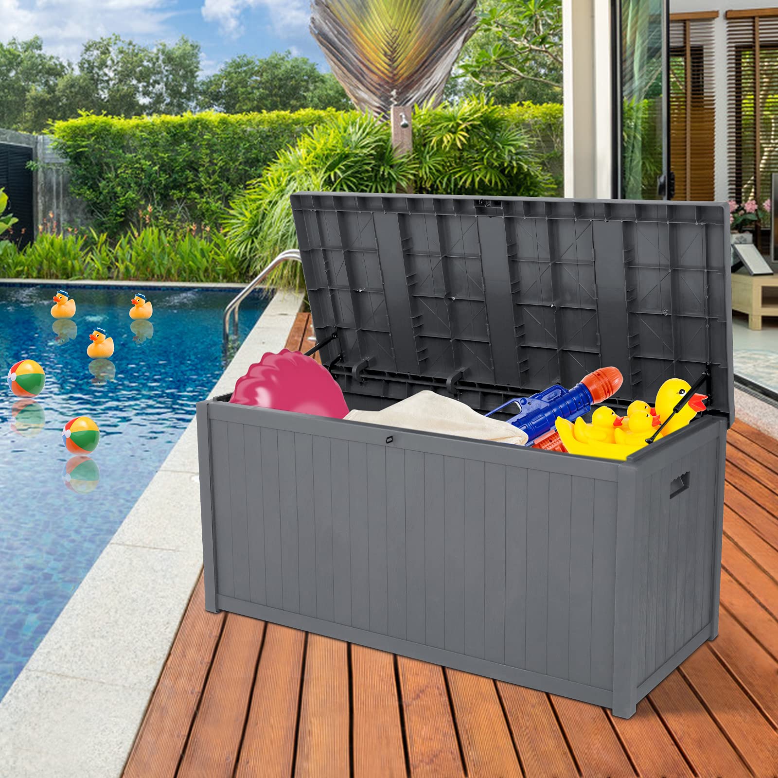 **Large 113-Gallon (430L) Waterproof PP Plastic Deck Storage Box - Outdoor Patio Furniture Cover, Garden & Pool Supplies Organizer (Wooden Surface, Grey) - Perfect for Patio, Backyard & Poolside Storage**
