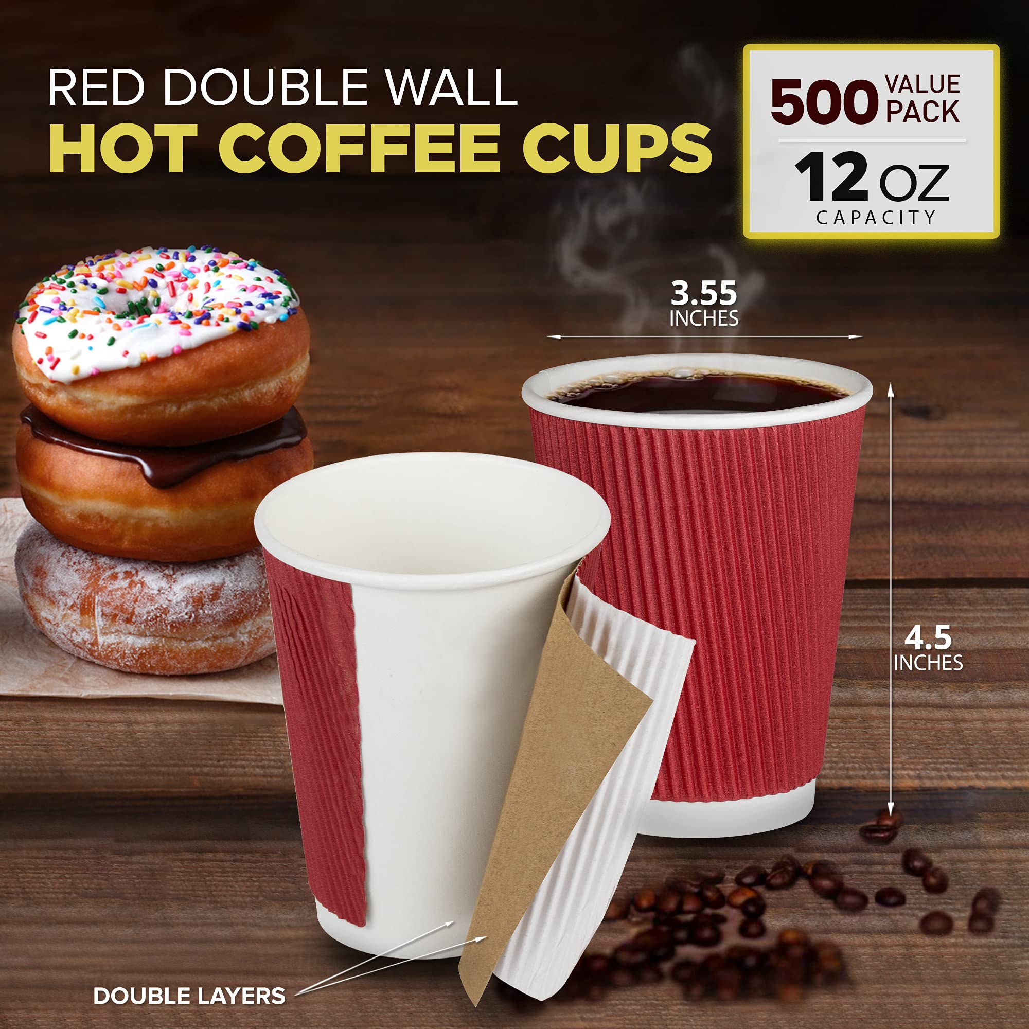 500 Pack 12 oz Red Disposable Coffee Cups - Triple Wall Insulated Hot Drink Cups for Coffee, Hot Chocolate & Tea | Travel, Office, Home & Catering Use | Eco-Friendly Corrugated Paper Cups (Lids Not Included)