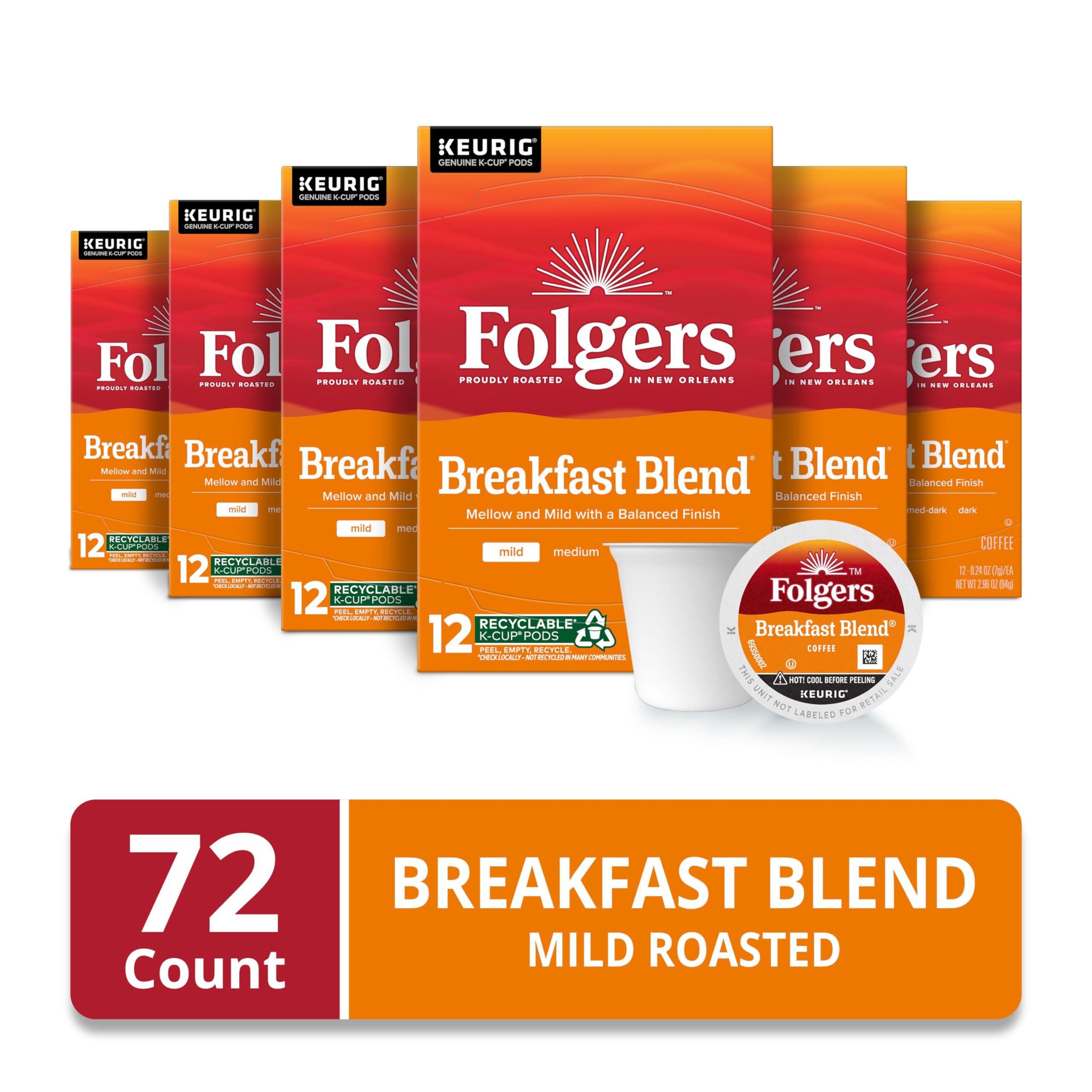 Folgers Breakfast Blend Mild Roast Coffee - 72 Keurig K-Cup Pods for Keurig Brewers | Smooth & Balanced Flavor | Perfect for Morning Coffee at Home or Office