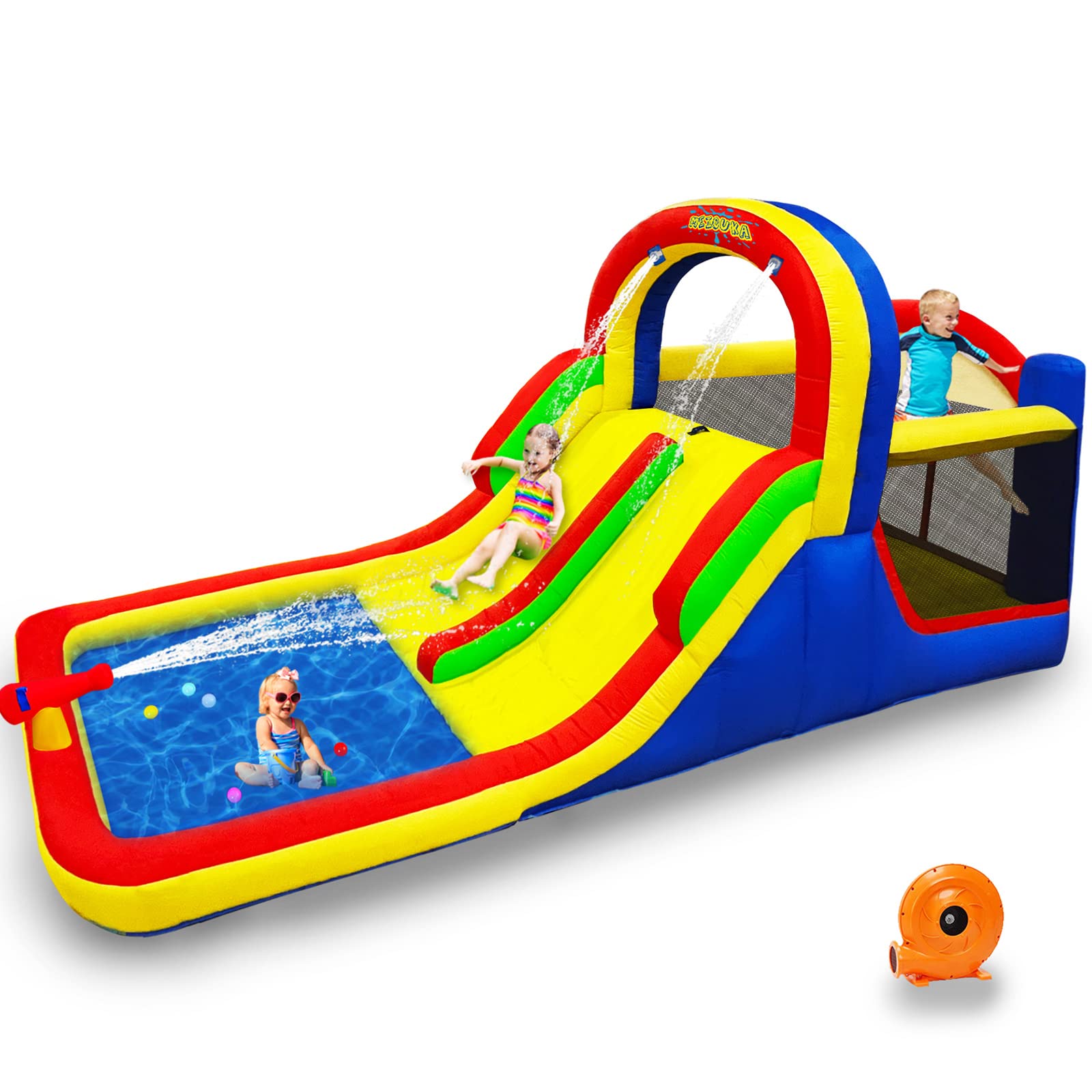 MEIOUKA Rainbow Inflatable Double Water Slide Bounce House with 580W Blower - Outdoor Water Park Jumping Castle for Kids & Toddlers - Perfect for Backyard Parties, Summer Fun, and Birthday Celebrations