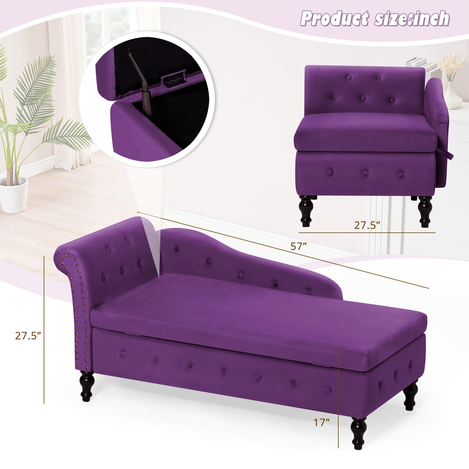 Luxury Upholstered Chaise Lounge with Left Armrest & Lumbar Support - Button Tufted Velvet Sofa with Storage - Modern Lounge Chair for Bedroom, Living Room & Office (Purple) - Perfect for Relaxation, Reading & Small Space Decor