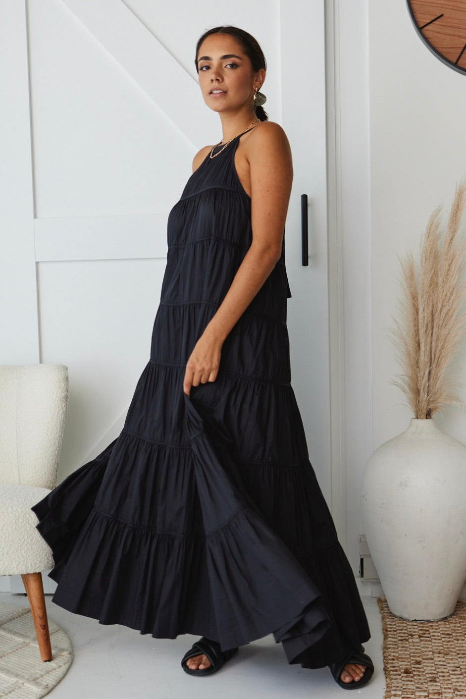 Kaye Black Cotton Sleeveless High Neck Tiered Maxi Dress for Women - Elegant Summer Beach Wedding Party Dress