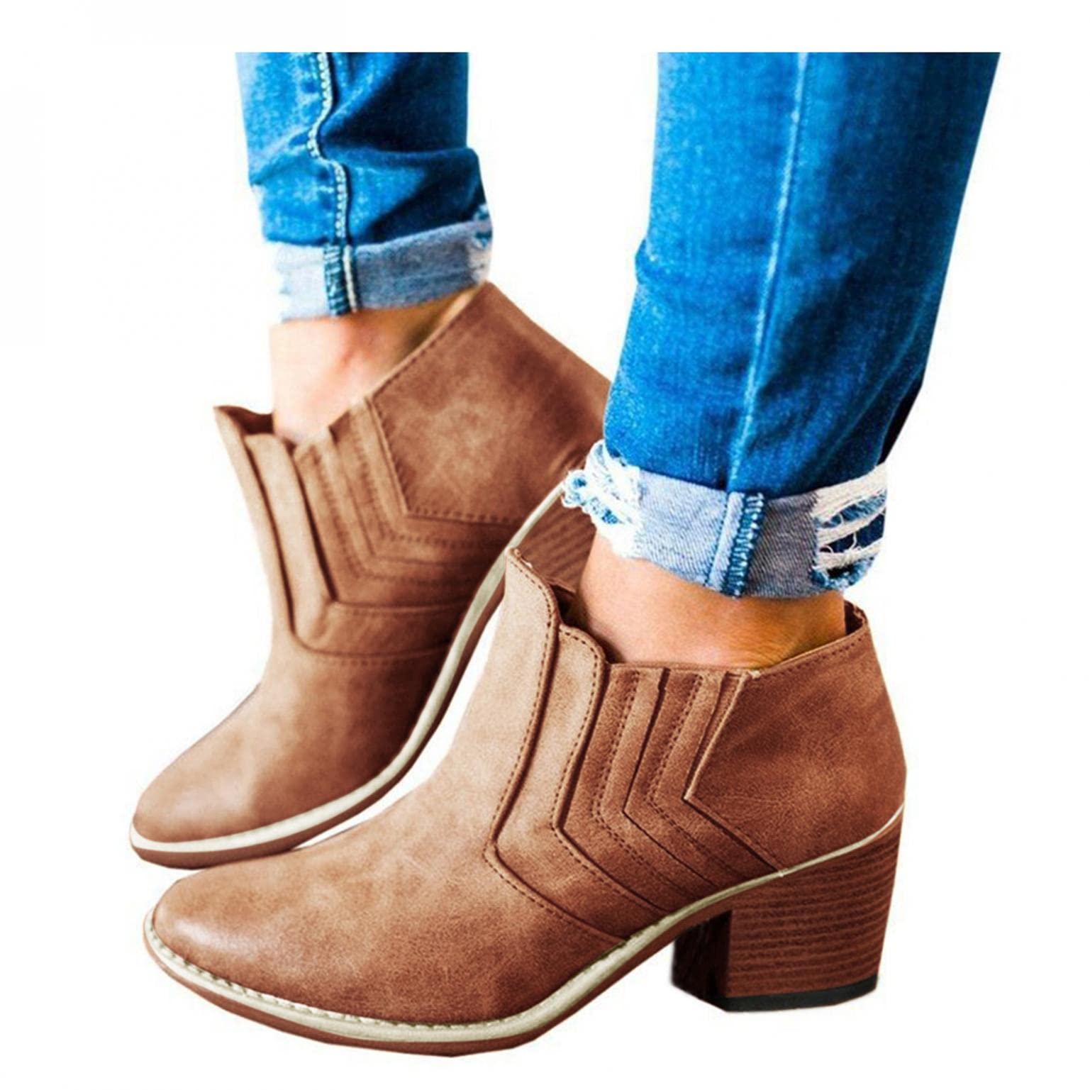 Gibobby Women's Ankle Booties with Low Stacked Heel - Pointed Toe Faux Leather & Suede Side Boots for Work, Date Night & Fall Fashion