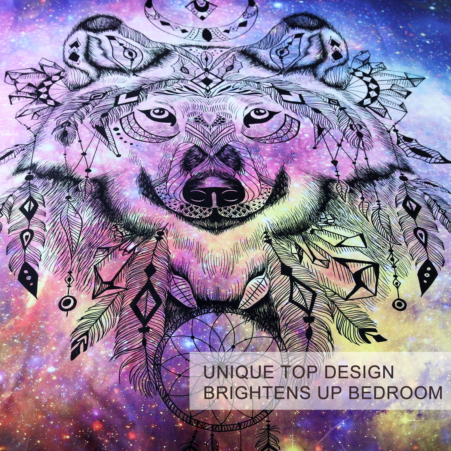 BlessLiving Galaxy Wolf Duvet Cover Set - 3 Piece Pink Blue Purple Nebula Space Wolf Bedding with Cosmic Wolf Dream Catcher Design (Full Size) for Teen & Adult Bedrooms, Dorm Room Decor, Space Themed Bedroom