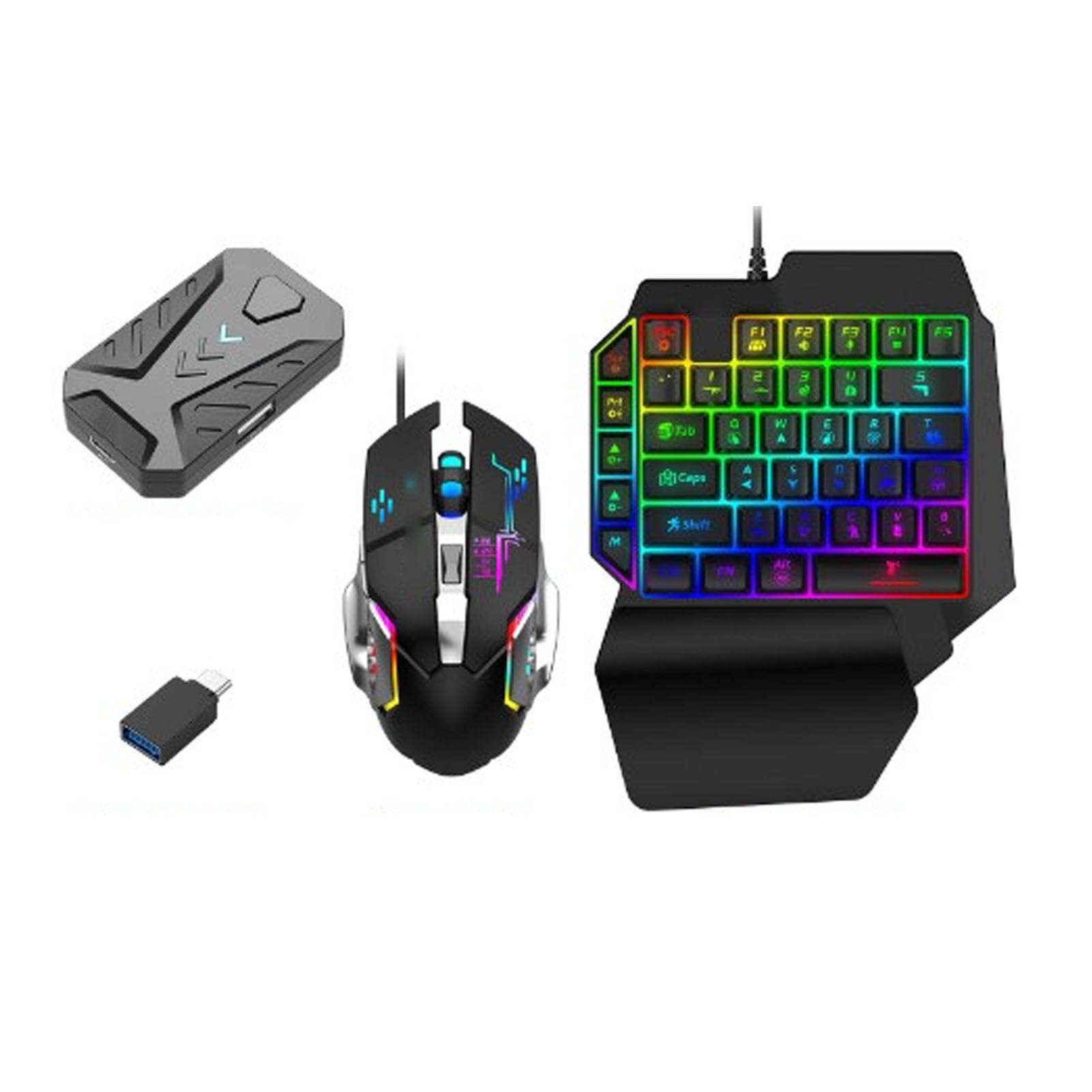 One-Handed Gaming Keyboard and Mouse Combo - RGB Backlit Wired Mini Keyboard with 3-in-1 Mobile Game Controller | Perfect for PC, PS4, Xbox Gaming at Home, Dorm, Travel & Esports Tournaments