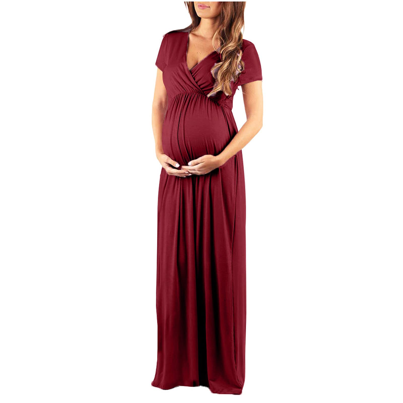 Lucktop Women's Casual Maternity Maxi Dress - V Neck Wrap Nursing Dress with Short Sleeves for Pregnancy & Breastfeeding | Comfortable Summer Maternity Wear for Daily Use, Outings & Special Occasions