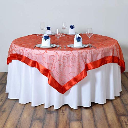 6-Piece Burnt Orange Embroidered Sheer Organza Table Overlay Set - 60x60 Inch Wedding Party Decorations for Reception, Banquet, Bridal Shower & Special Events #LLW01YN