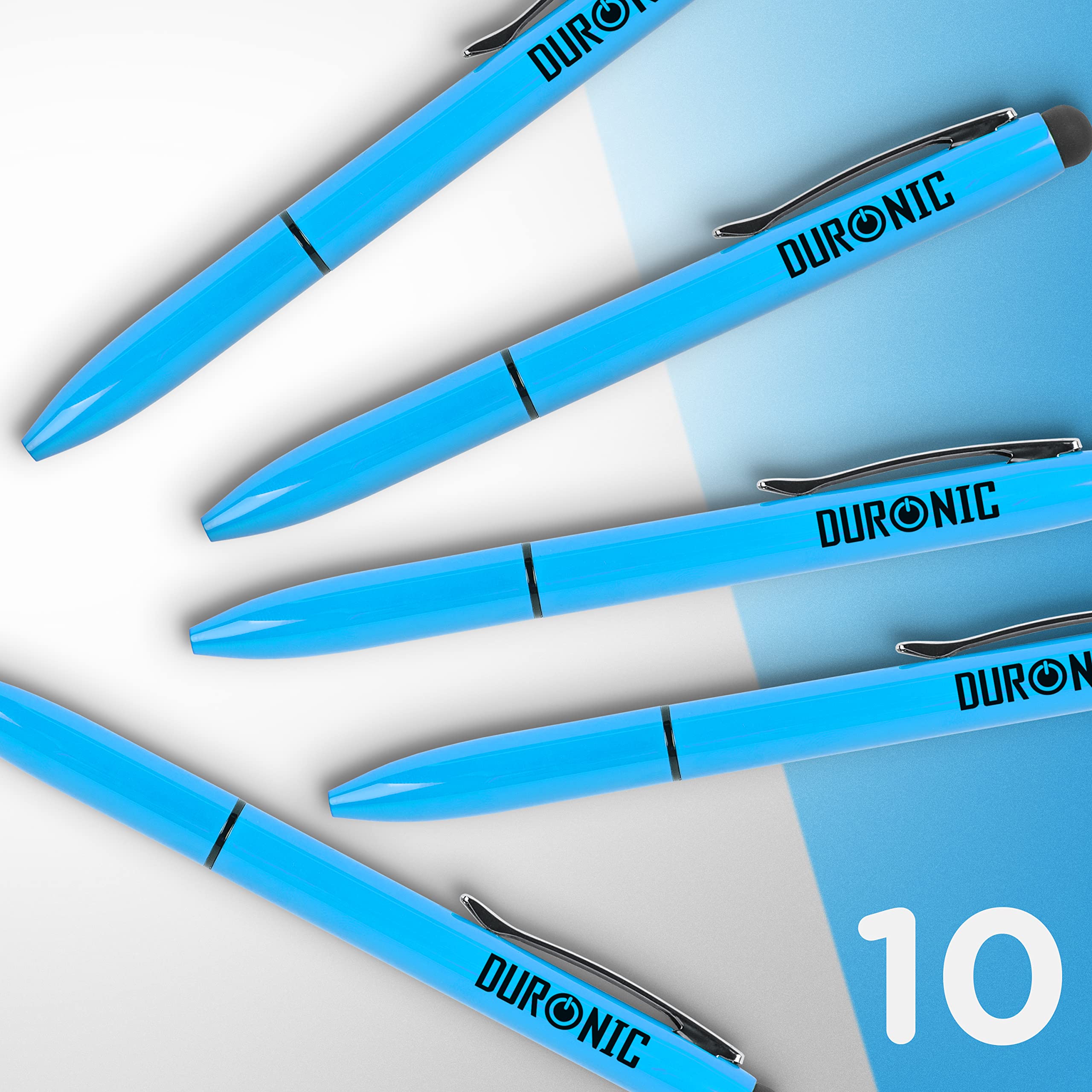 Duronic Stylus Pens IS10BE [Blue] [10-Pack] - 2-in-1 Refillable Ballpoint Pen & Rubber Tip Capacitive Stylus for iPad, Tablet, Surface, Laptop, Kindle - Perfect for Note-Taking, Drawing & Touchscreen Navigation