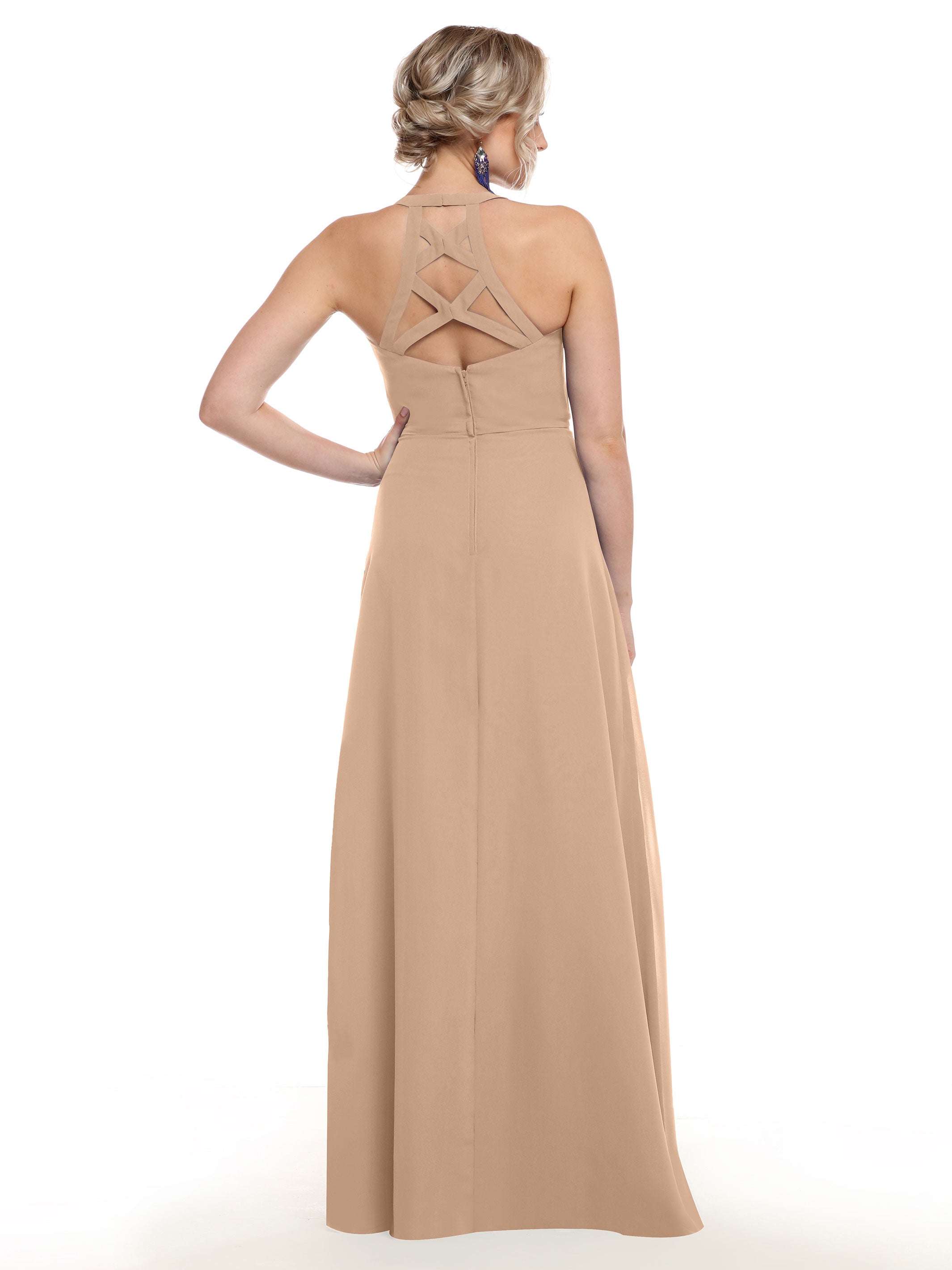 Elegant 80150 Chiffon A-Line Bridesmaid Dress with Plunging V-Neck & Intricate Back Detail - Perfect for Weddings, Formal Events & Special Occasions