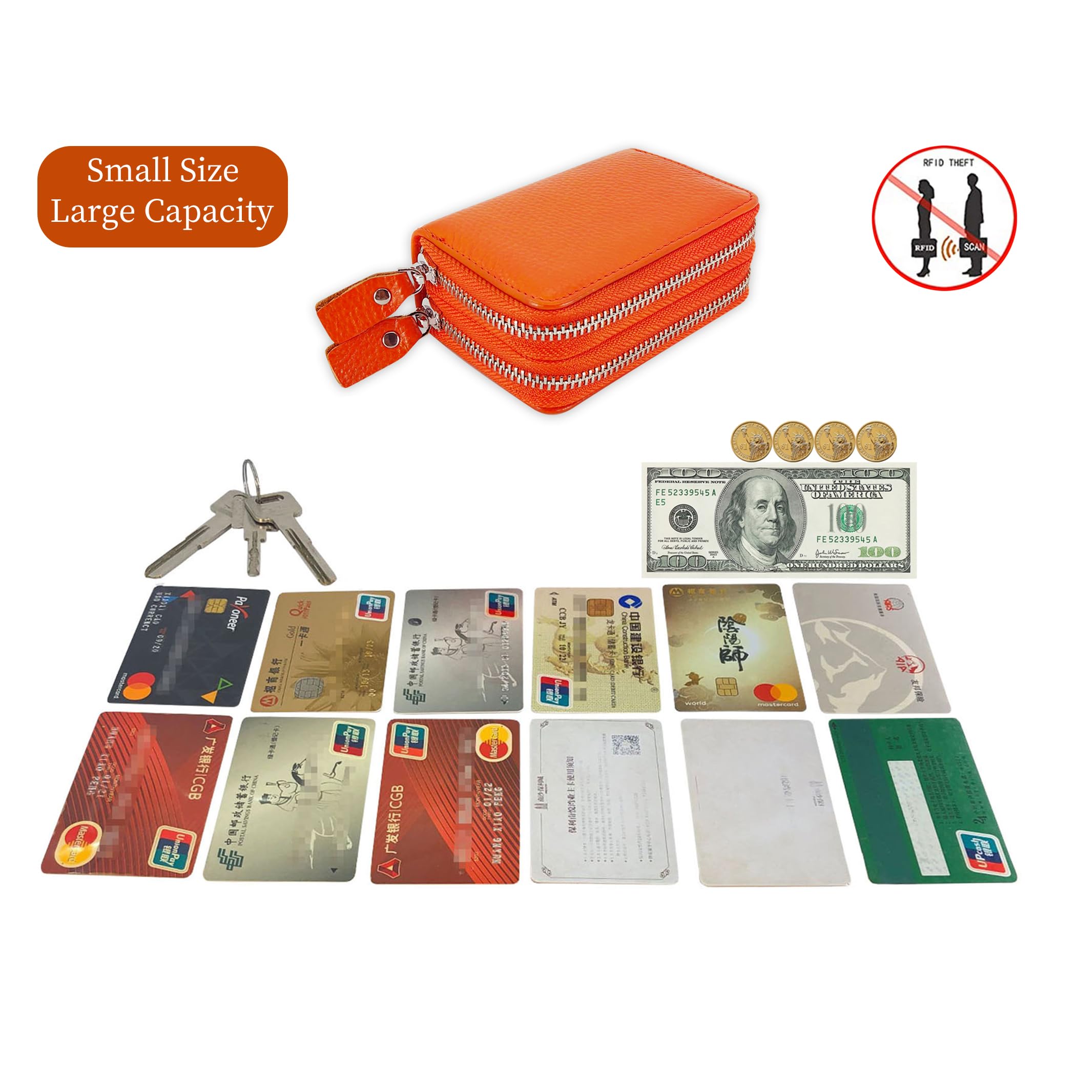RFID Blocking Leather Credit Card Holder for Women - 12 Compartment Zippered Accordion Wallet (Orange) | Perfect for Travel, Business & Everyday Use