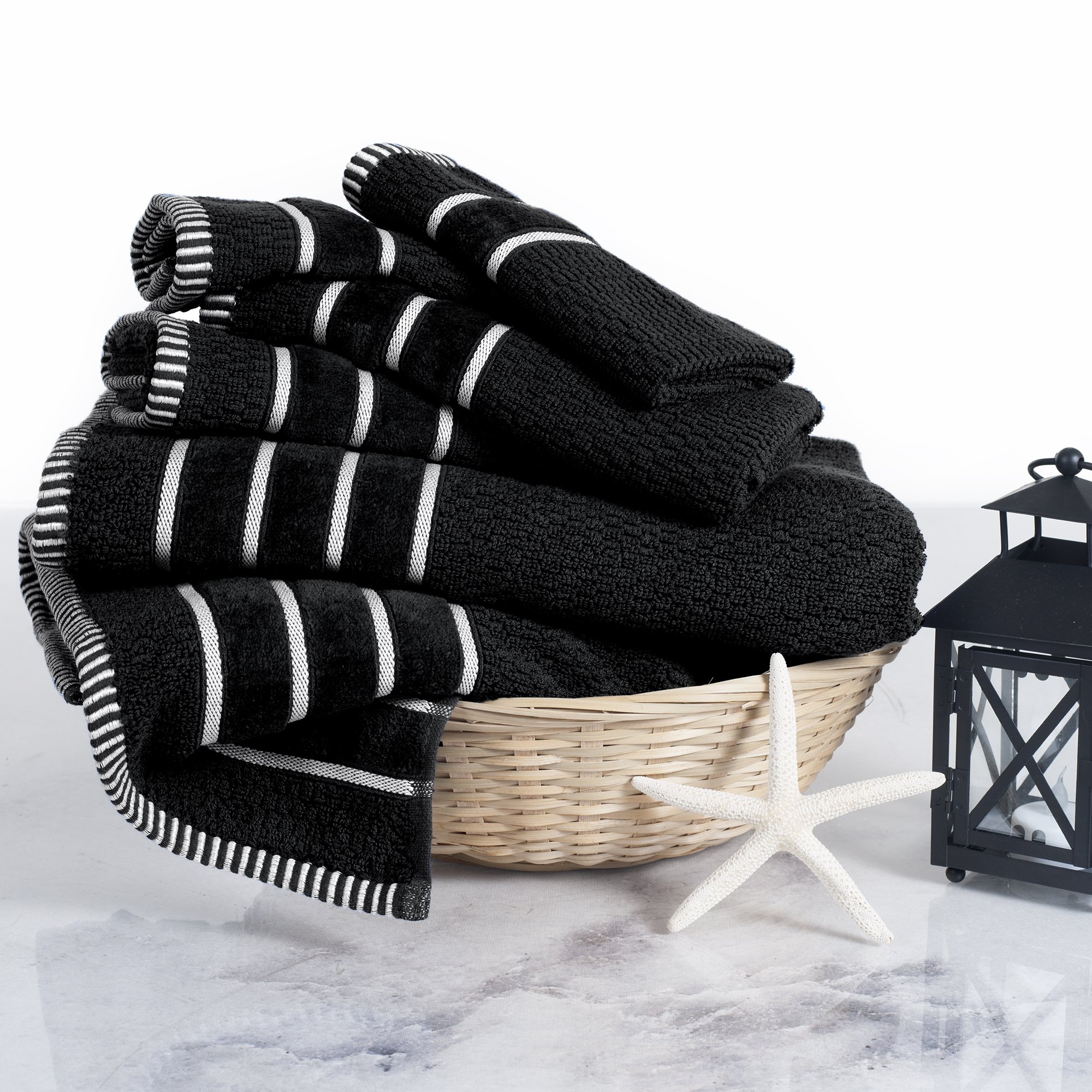 Premium 6-Piece Egyptian Cotton Towel Set - 2 Bath Towels, 2 Hand Towels & 2 Washcloths - Ultra Soft Rice Weave Luxury Bath Linens for Spa, Hotel & Home Use - Black