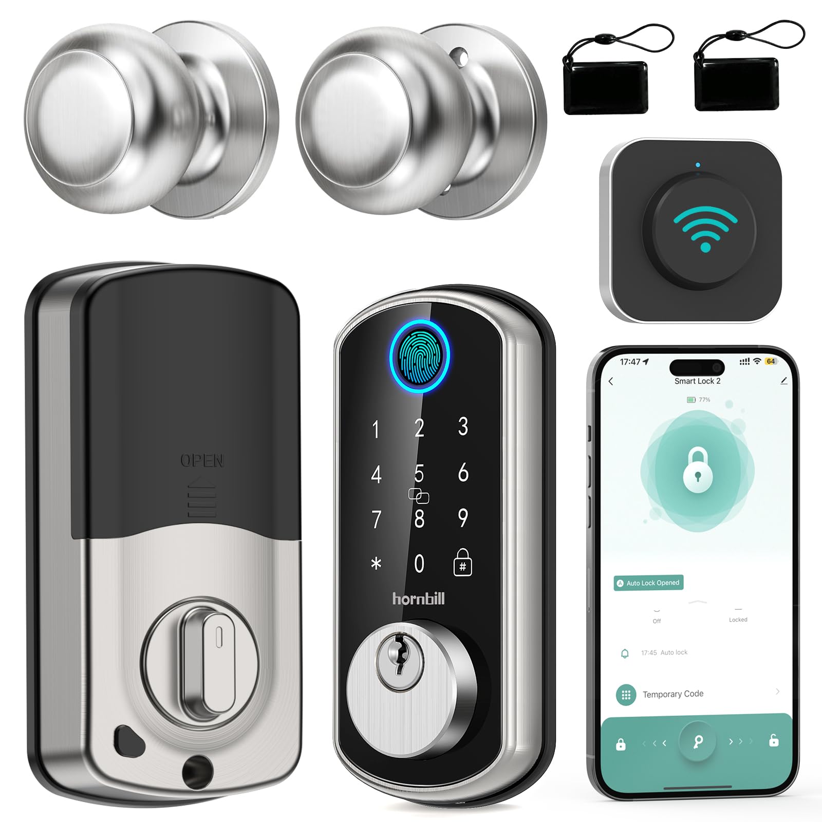 Smart WiFi Door Lock Set - Hornbill Silver Keyless Entry Fingerprint Deadbolt with Handle, 2 Knobs, Alexa & Bluetooth, Remote Code & Auto Lock - Ideal for Home, Hotel & Office Security (Easy Installation & Smart Access)