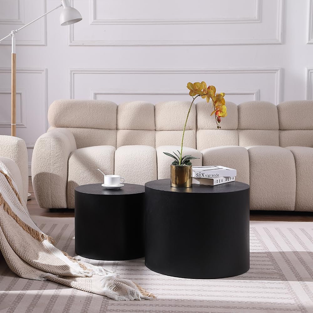 Black Drum Coffee Table Set of 2 - Round Wood Nesting Coffee Tables with Ottoman, Side & End Tables for Living Room & Bedroom - No Assembly Required - Perfect for Small Spaces & Modern Home Decor