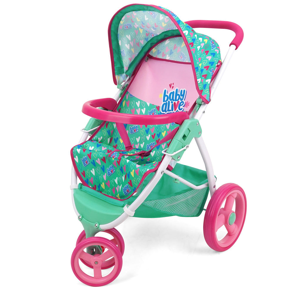 Baby Alive Heart Themed Doll Jogging Stroller - Pink & Green Playset for Toddlers | Pretend Play, Outdoor Walks & Role-Playing Games