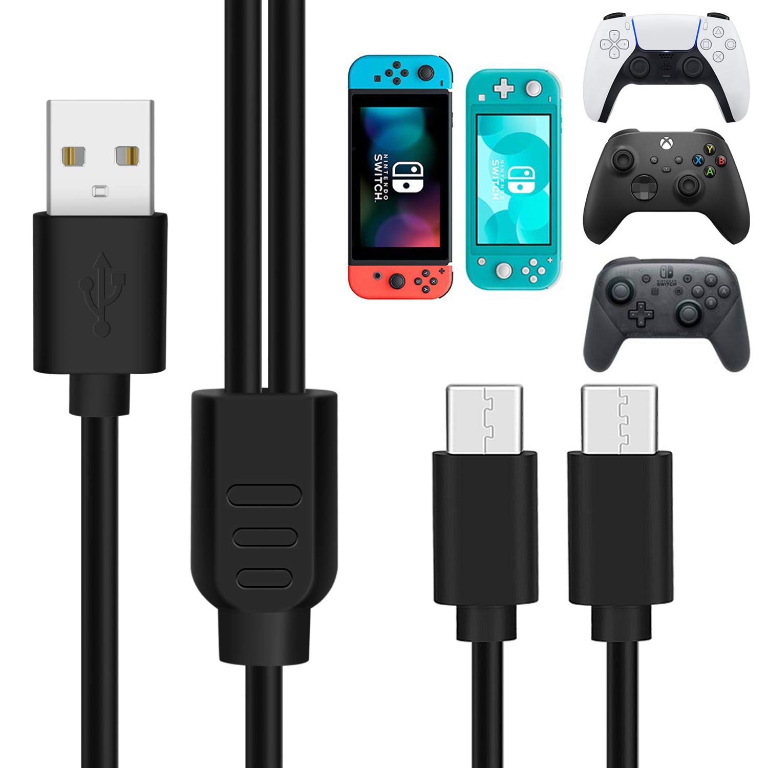 Dual USB-A to USB-C Charging Cable for PS5 DualSense, Xbox Series X/S, Xbox One & Nintendo Switch Pro Controllers - 10FT Long Charge & Play Cord - Perfect for Gaming Sessions & Multi-Device Charging