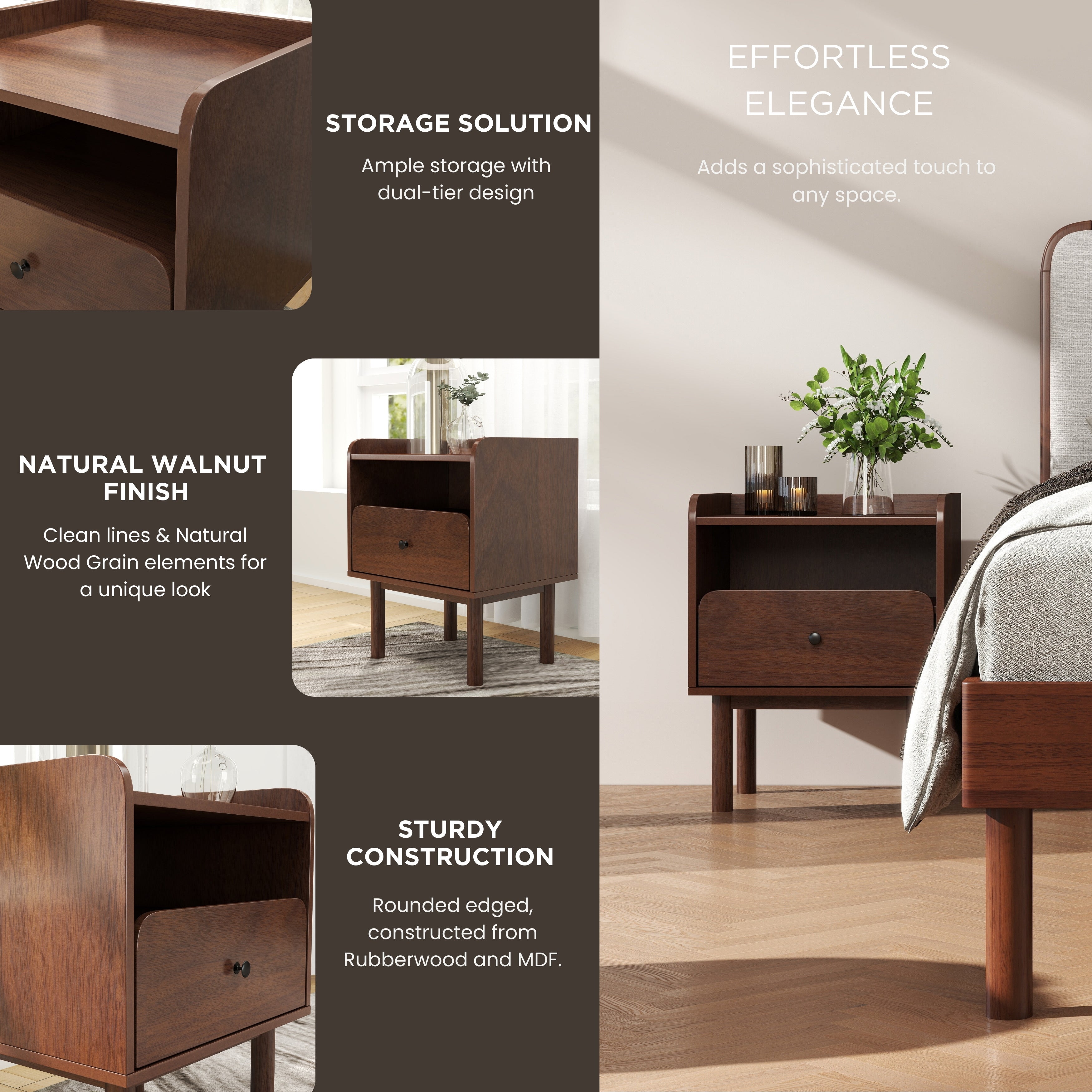 Roundhill Furniture Wyller Dual Tier Storage Nightstand - Modern Side Table with Natural Walnut Finish for Bedroom, Living Room & Office Organization