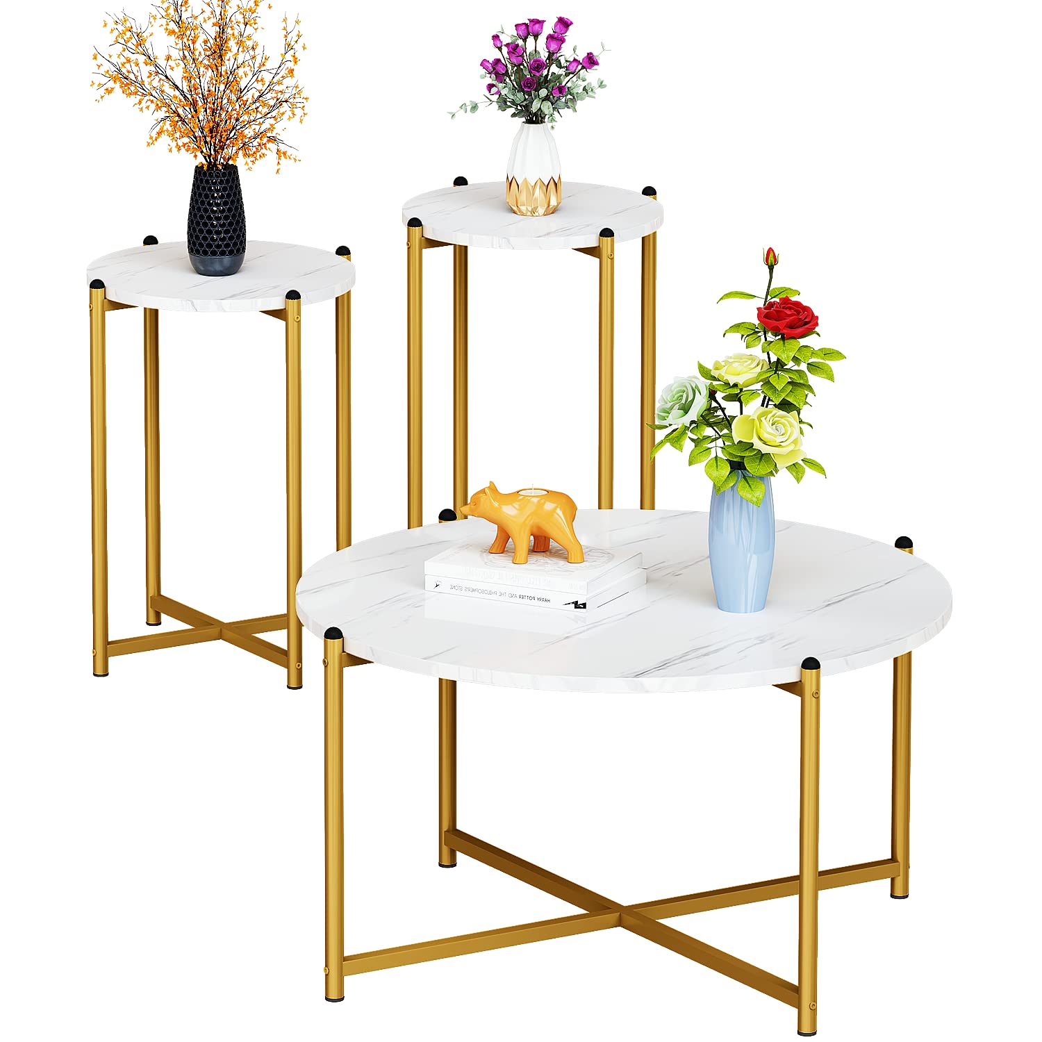 Modern Round Coffee Table Set of 3 - Faux Marble Top with Metal Legs, Living Room Center Table & 2 End Tables - Perfect for Small Spaces, Apartments & Cozy Home Decor