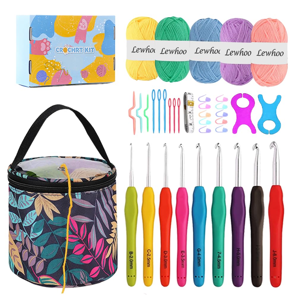 Lewhoo Beginner Crochet Kit with 5 Premium Yarn Skeins, Ergonomic Crochet Hooks Set (2.0-6.0mm) & Storage Bag - Perfect for DIY Crafts, Gifts & Relaxation Therapy