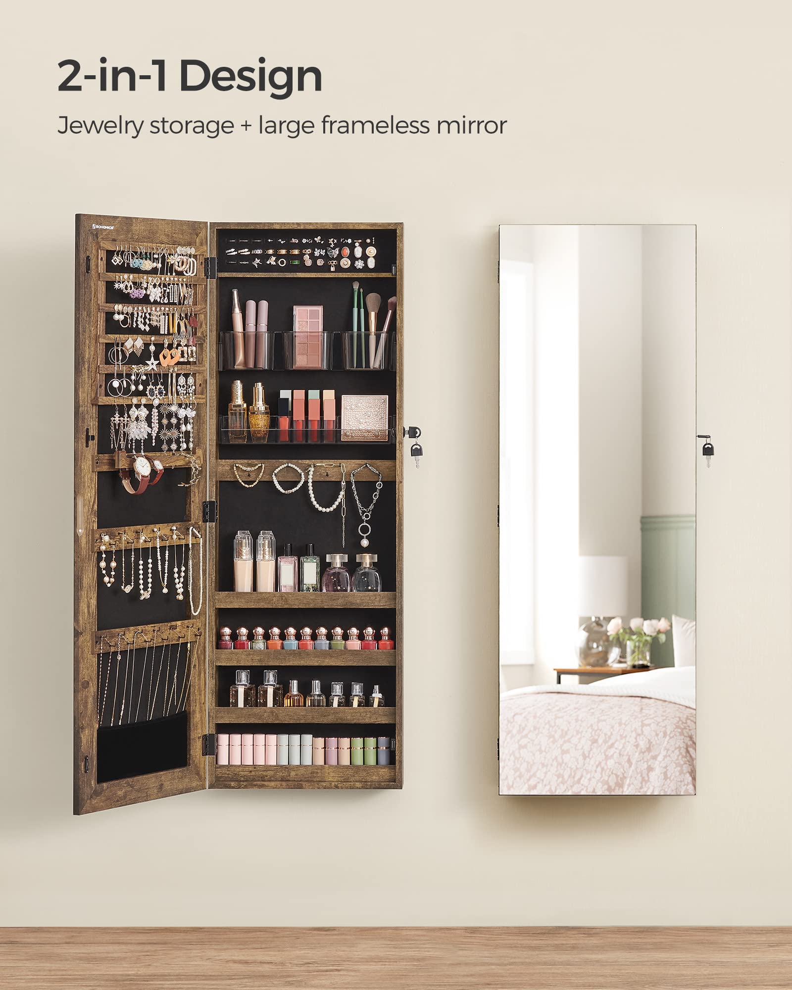 SONGMICS Jewelry Armoire Cabinet with Lock, Wall-Mounted Jewelry Organizer with 2 Cosmetic Trays & Full-Length Mirror, Textured Brown UJJC001X01 - Perfect for Bedroom, Closet & Dressing Room Organization