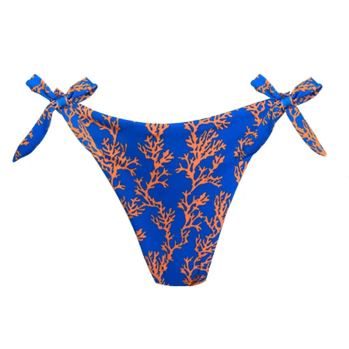 Sexy Brazilian Tie Side Scrunch Bikini Bottom - Blue Orange Sea Coral Print - Perfect for Beach Vacations, Pool Parties & Summer Getaways