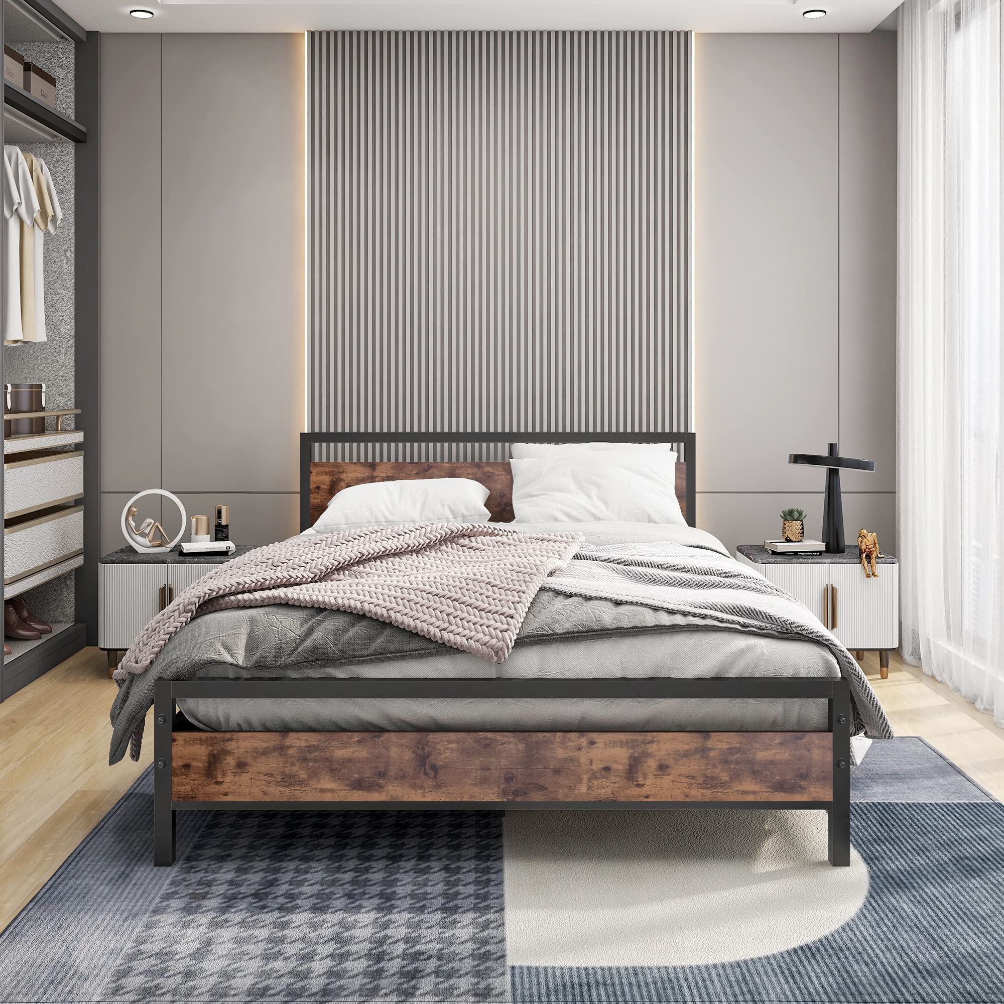 BOFENG Black Queen Size Bed Frame with Wood Headboard & Footboard - Heavy Duty Platform Bed with Storage, No Box Spring Needed, Sturdy Steel Slats, Noise-Free, Brown - Perfect for Small Bedrooms, Guest Rooms & Modern Home Decor