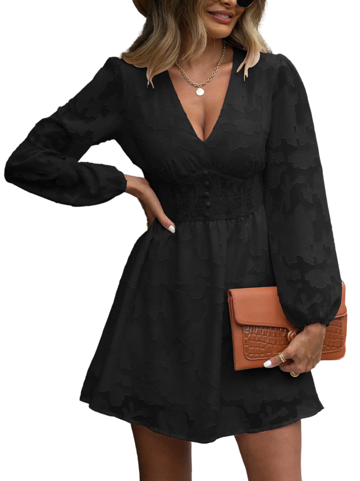 Elegant Women's Fall Deep V-Neck Long Sleeve Jacquard Dress with Smocked Elastic High Waist - Perfect for Casual Outings, Date Nights & Autumn Fashion