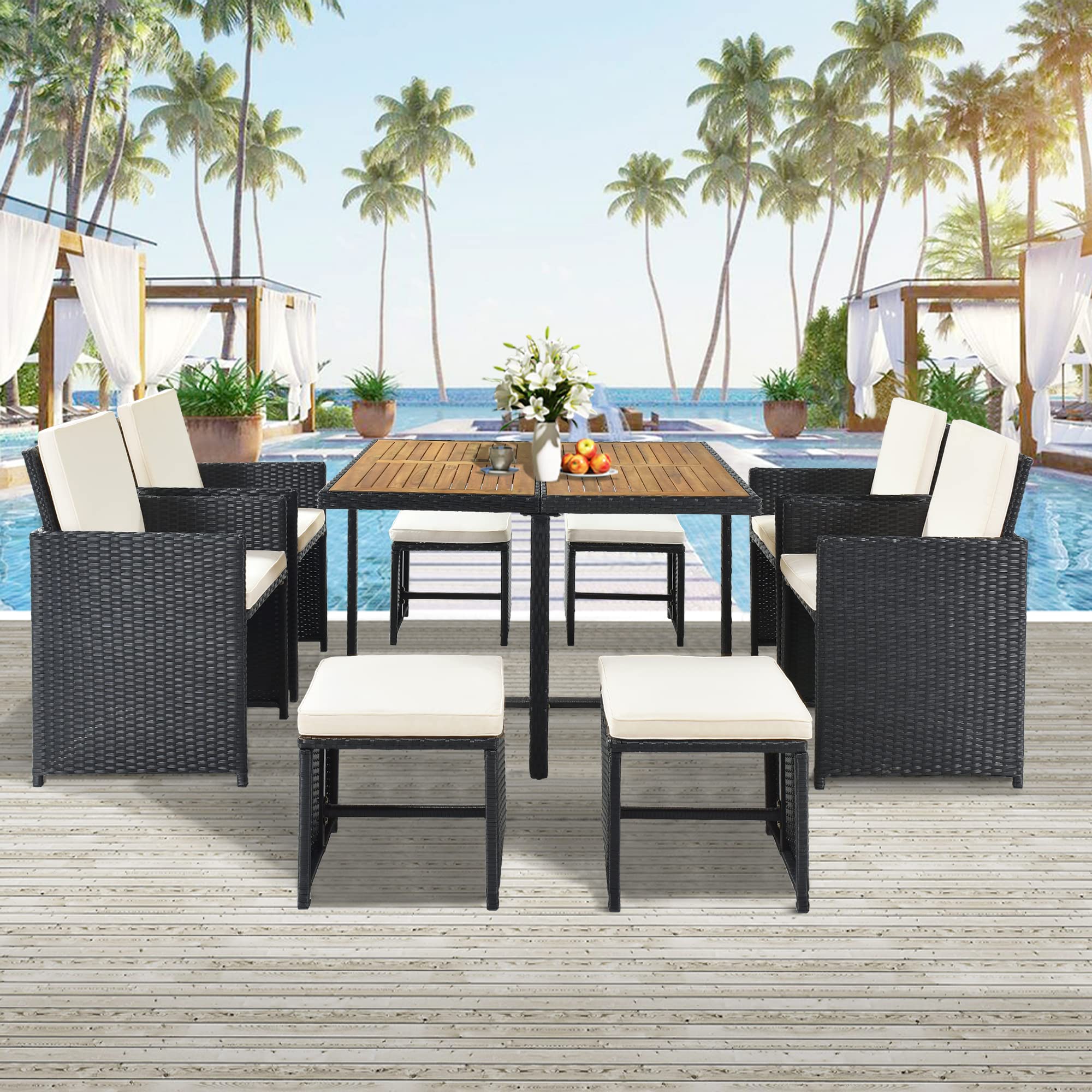LZ LEISURE ZONE 9-Piece Outdoor Patio Dining Set - Black Wicker Rattan Table & Chairs with Brown Beige Cushions - Weather-Resistant Garden Furniture for Backyard, Poolside & Outdoor Entertaining