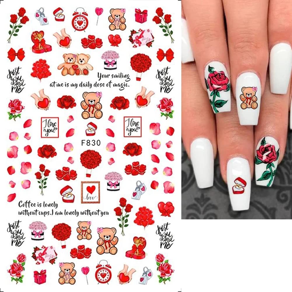 3D Heart Nail Art Stickers - Self-Adhesive Valentine's Nail Decals with Love Hearts, Lips, Roses & Letters (6 Sheets) | Perfect for Romantic Nail Designs, Valentine's Day Gifts & DIY Nail Art Decorations