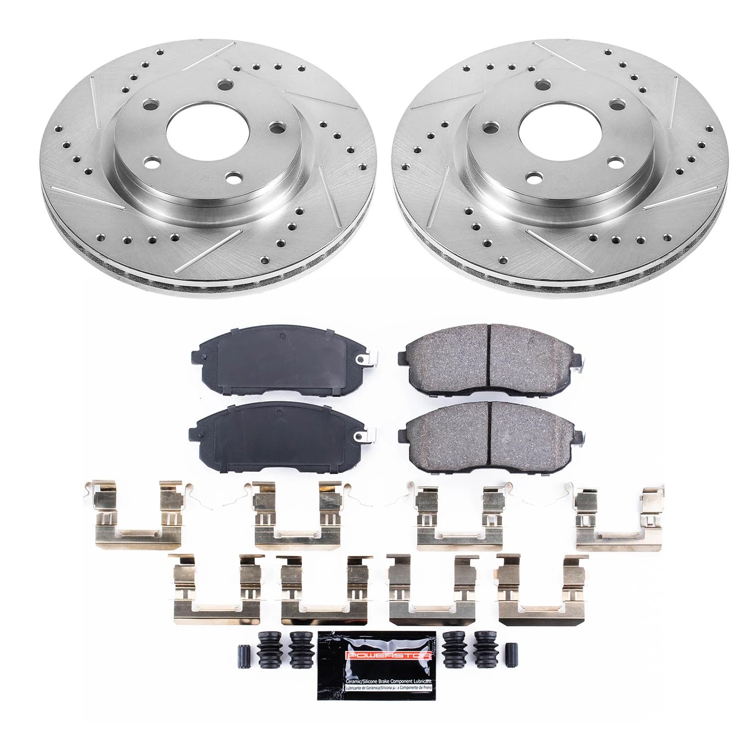 Power Stop K6961 Z23 Carbon Fiber Brake Pads & Drilled Slotted Rotors Kit for 2013-2019 Nissan Sentra - High Performance Braking for Daily Commuting & Sporty Driving