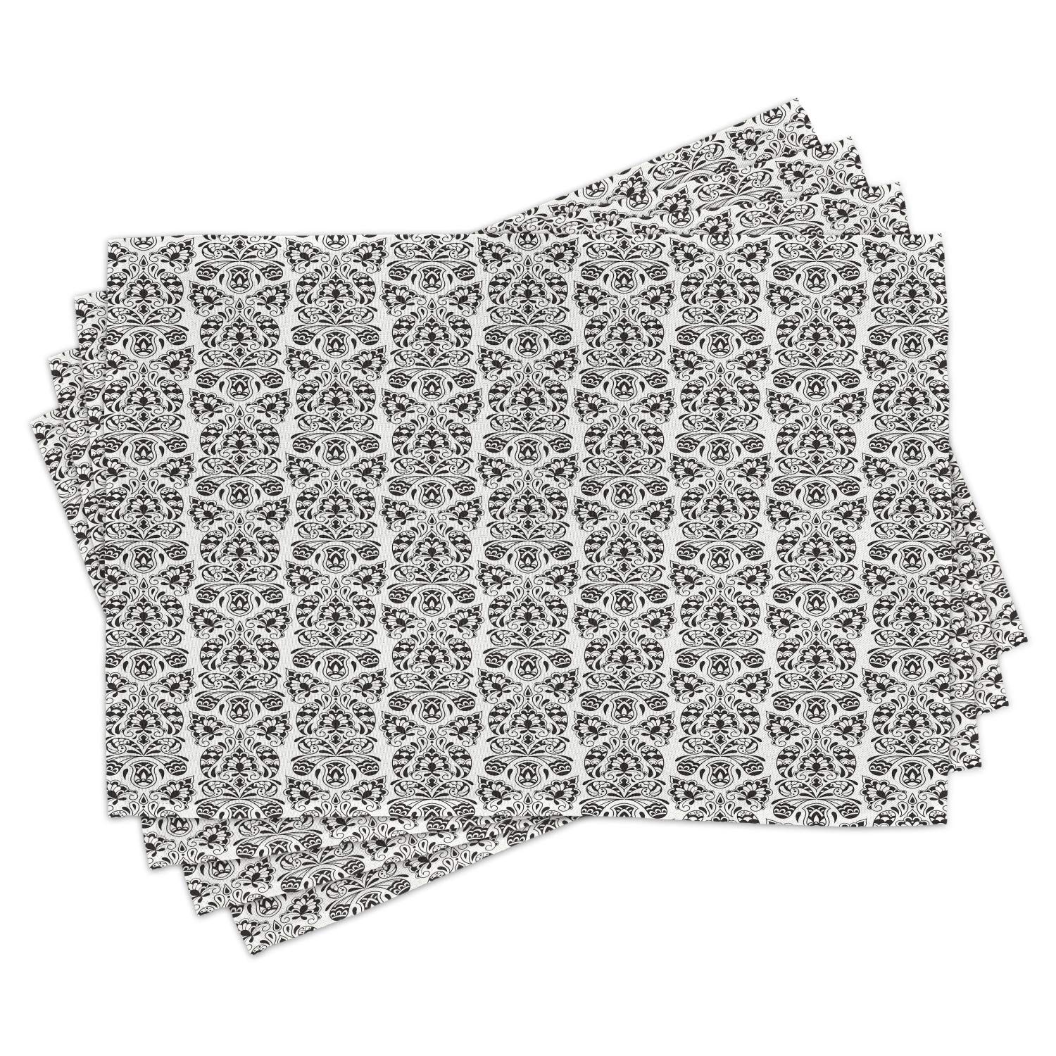 Ambesonne Floral Paisley Place Mats Set of 4 - Eastern Design with Curved Leaves & Swirls, Washable Fabric Table Mats for Dining Room & Kitchen Decor (Black & White) | Perfect for Dinner Parties, Holiday Gatherings & Everyday Meals