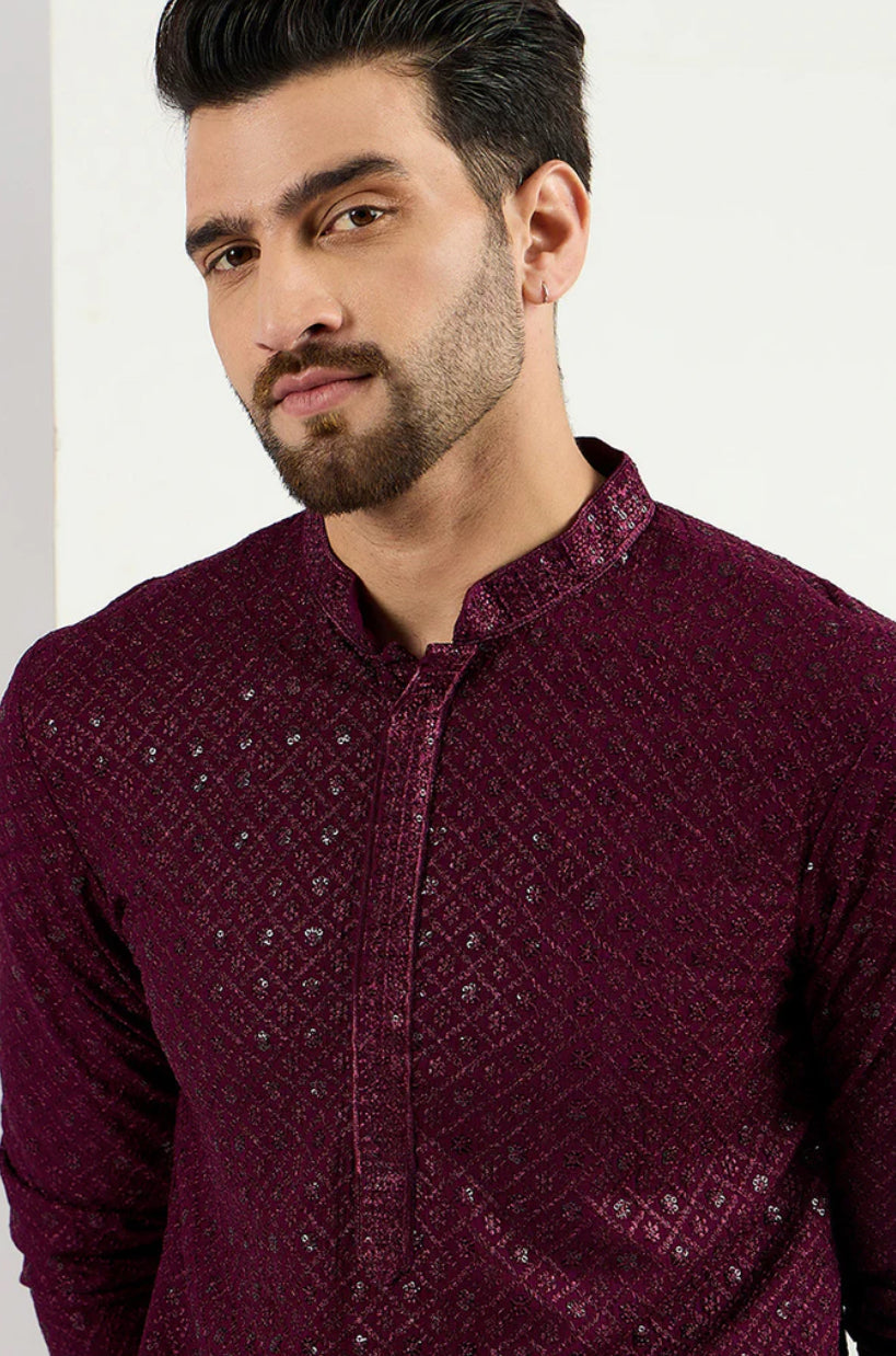 Men's Chikankari Kurta in Deep Maroon - Traditional Indian Embroidered Tunic for Casual Wear & Festive Occasions