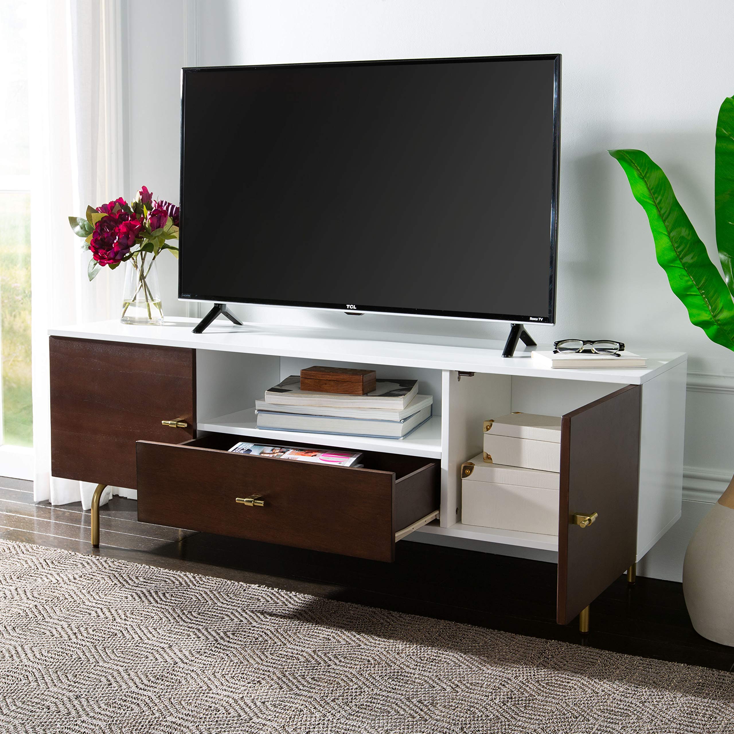 Safavieh Genevieve Mid-Century Modern TV Stand - Walnut & White Storage Media Console for Living Room, Bedroom, Home Theater