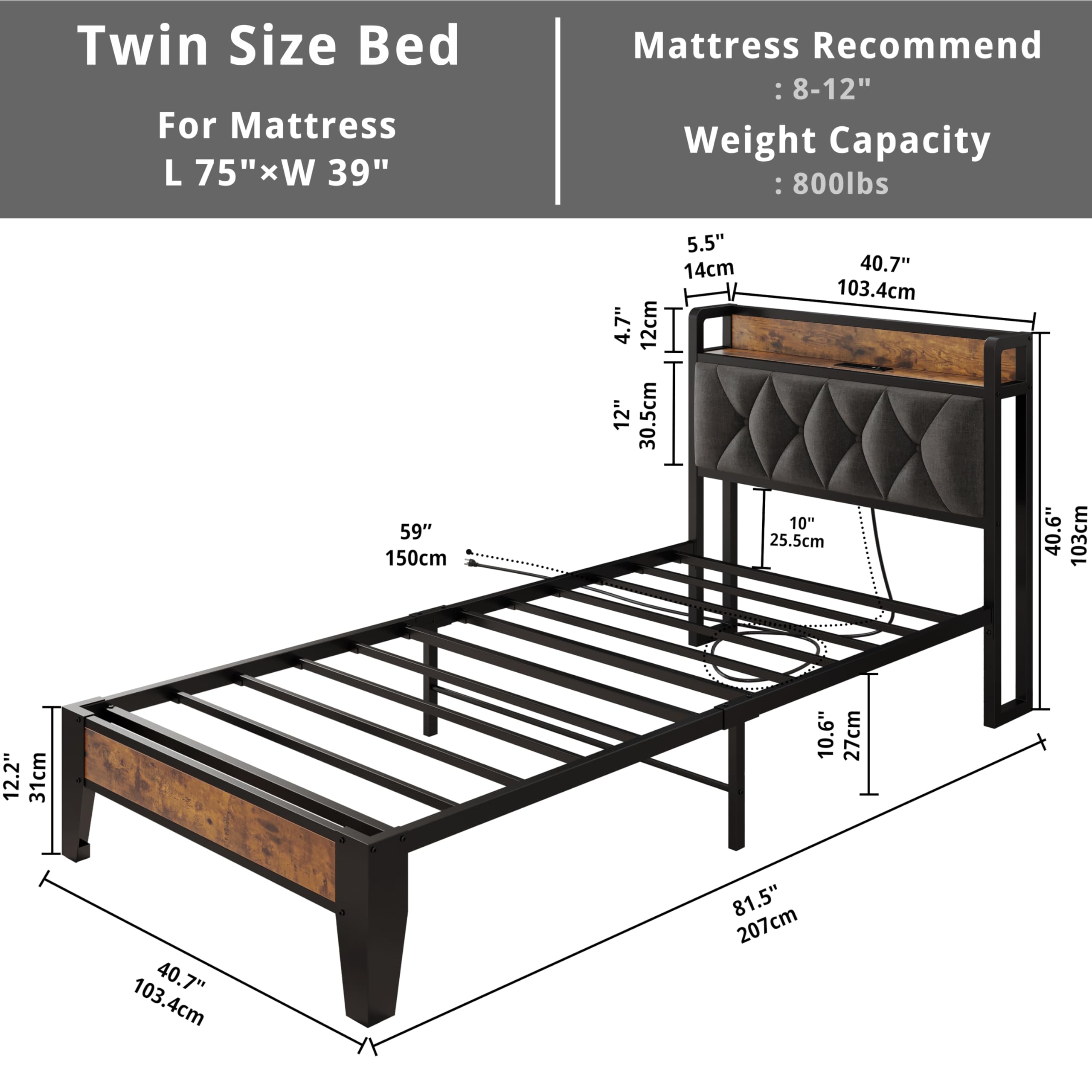 ANCTOR Twin Bed Frame with Storage Headboard & USB Outlets - Easy Assembly, Sturdy Metal Platform Bed, Quiet & No Box Spring Needed - Ideal for Small Bedrooms, Guest Rooms & College Dorms