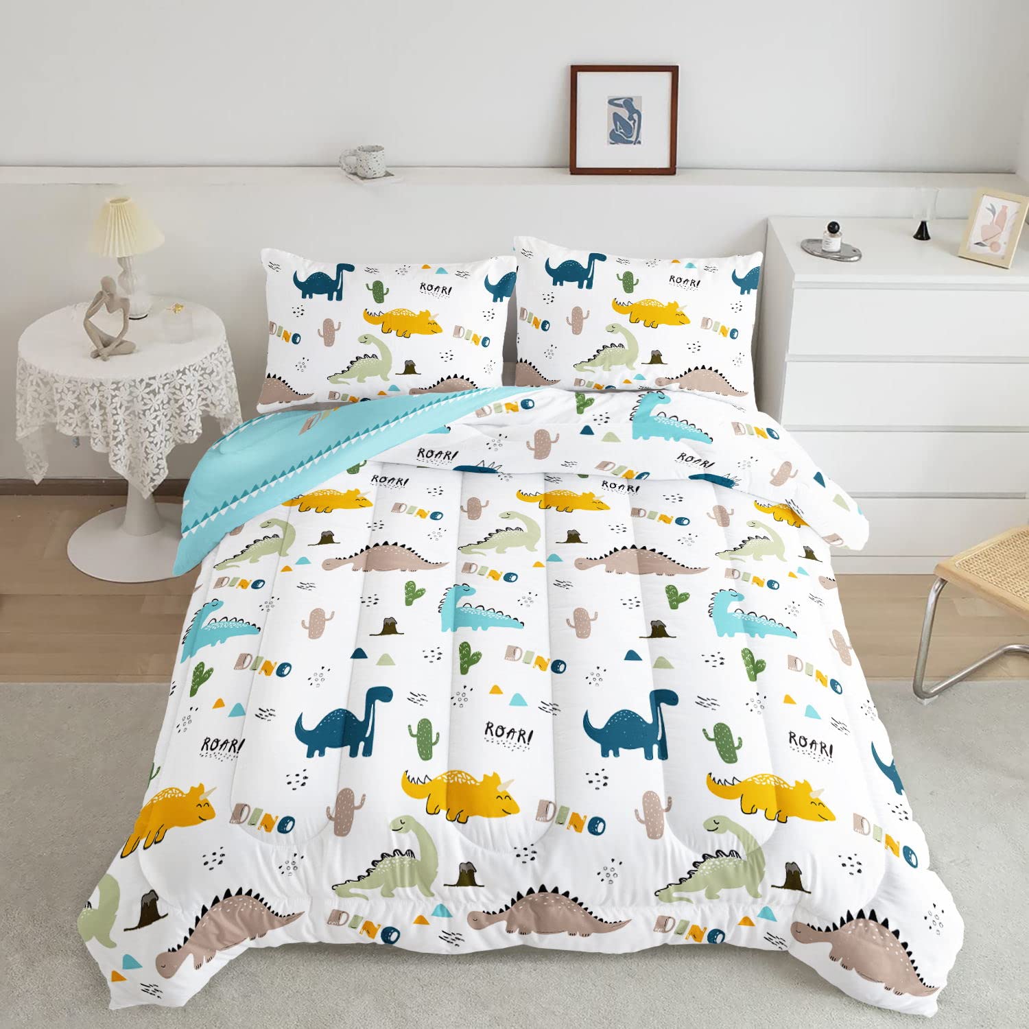 Cute Dinosaur Print Comforter Set for Kids - Kawaii Cartoon Bedding with 1 Comforter & 2 Pillowcases, Twin Size 68x86 Inches, All Season Soft & Cozy - Perfect for Boys & Girls Bedroom Decor, Playroom, Sleepovers & Gifts