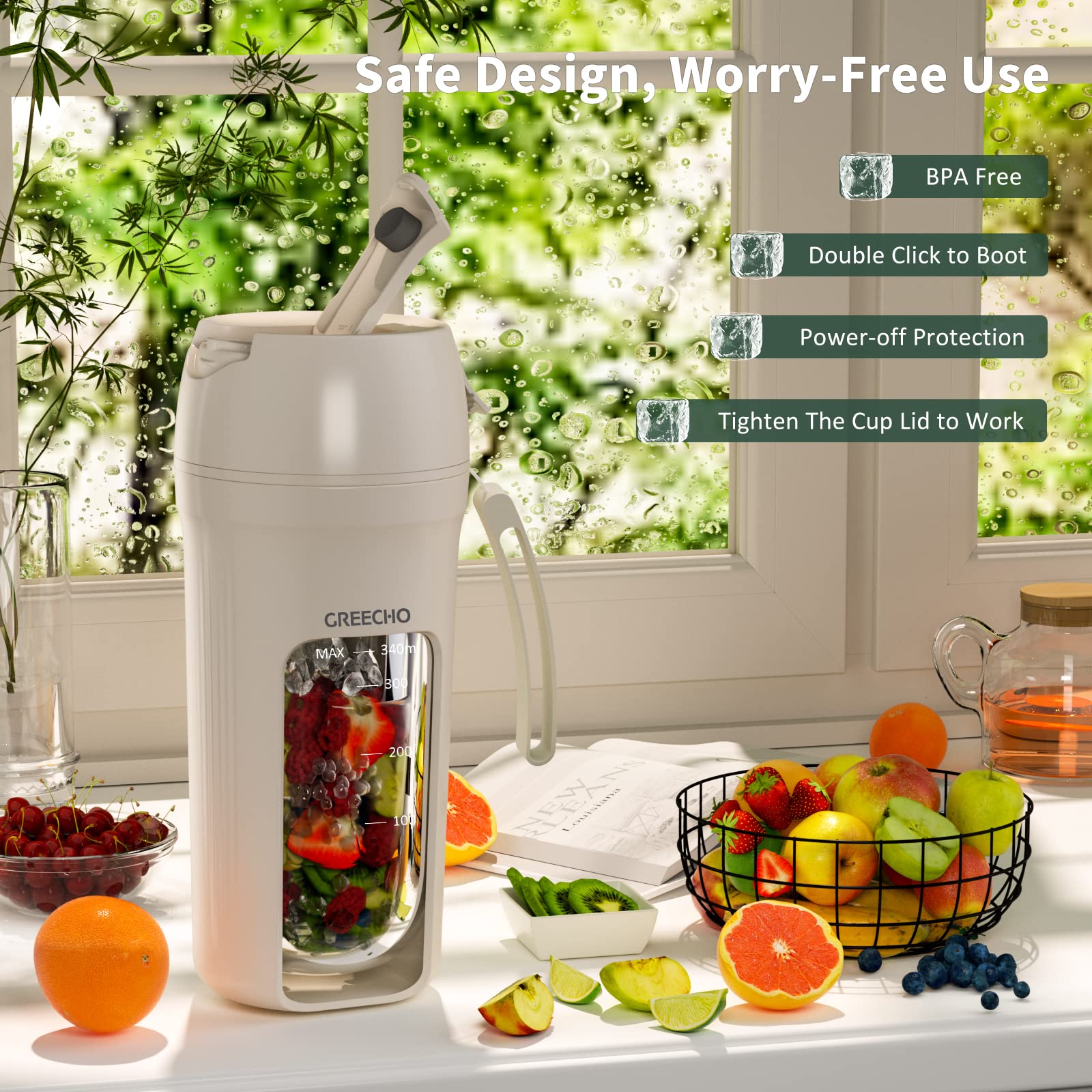 GREECHO Portable Blender - 12 oz USB Rechargeable Mini Blender for Smoothies, Shakes & Juices | BPA-Free One-Handed Personal Blender | Perfect for Gym, Office, Travel & Home Use | Cream White