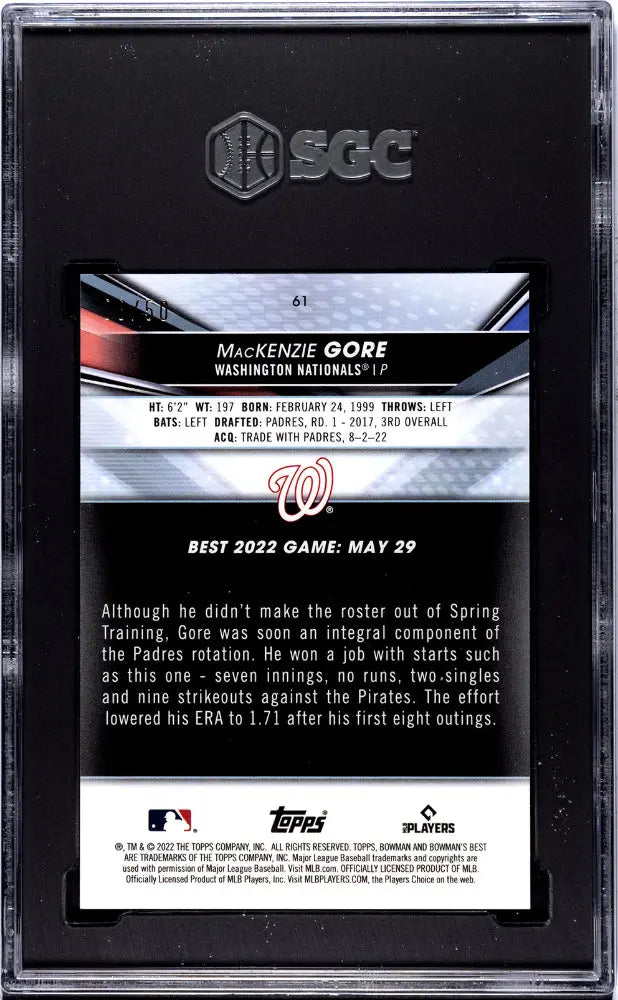 2022 Bowman's Best Mackenzie Gore RC Rookie Gold Refractor Baseball Card SGC 9.5 Gem Mint /50 - Perfect for Collectors, Investors & Sports Memorabilia Enthusiasts