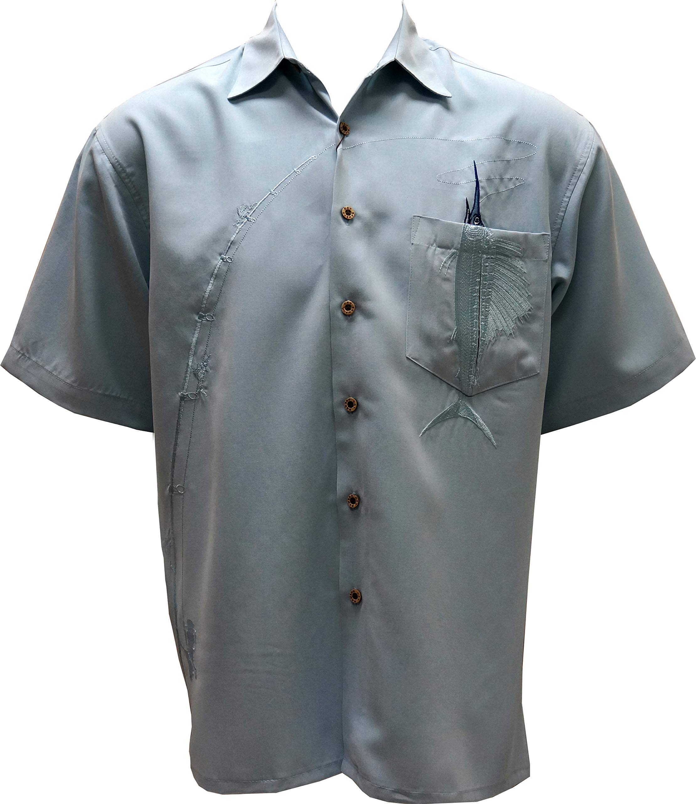 Bamboo Cay Shake The Hook Embroidered Camp Shirt for Men - Breathable Chalk Blue Hawaiian Style Casual Shirt | Perfect for Beach Vacation, Summer Parties & Tropical Getaways