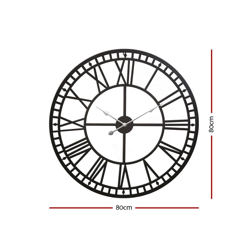 Artiss 80CM Large Wall Clock with Roman Numerals - Round Metal Luxury Home Decor in Black - Perfect for Living Room, Bedroom & Office Decor
