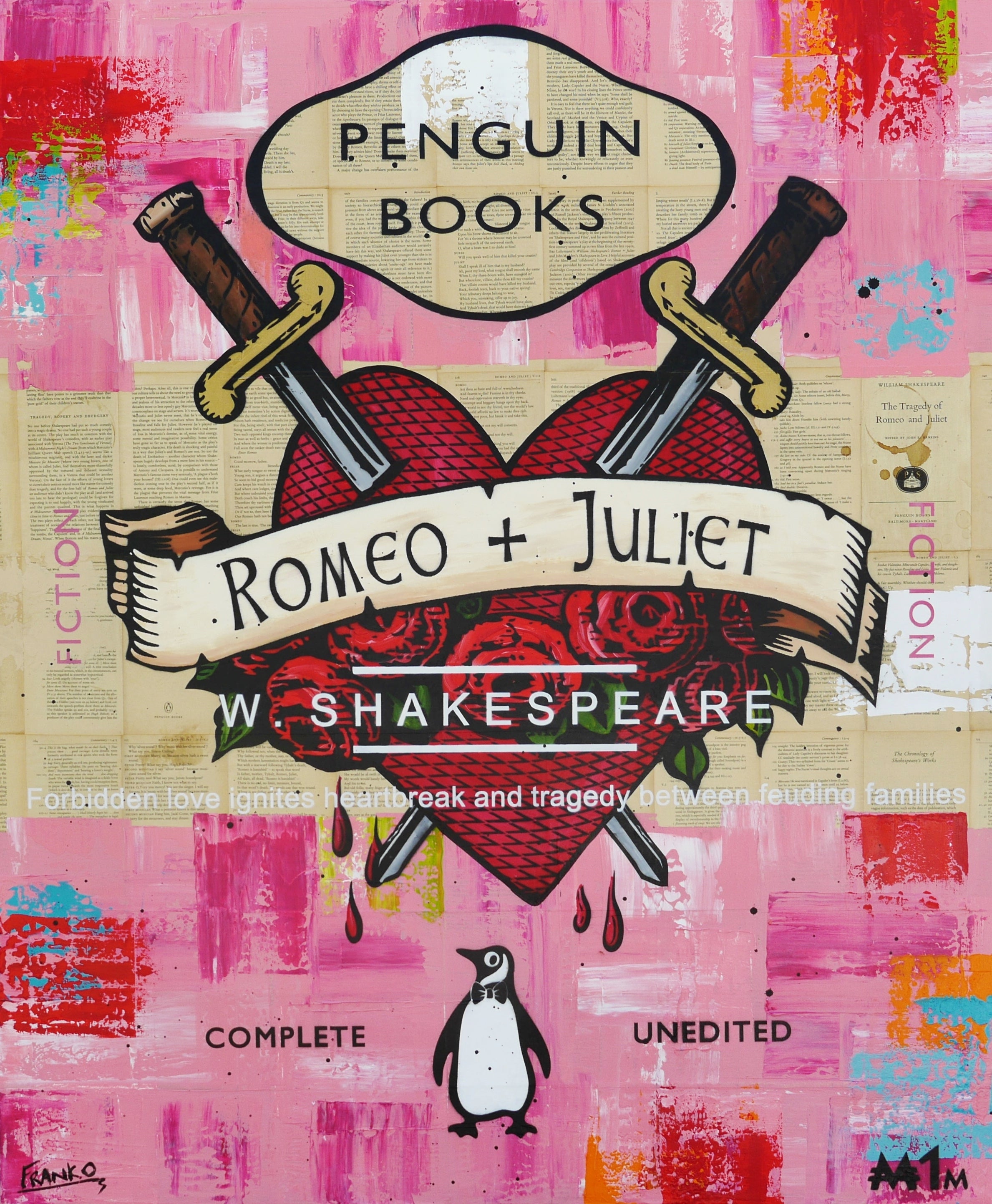 Hearts on Fire 120cm x 100cm Romeo & Juliet Urban Pop Art Painting - Perfect for Book Club Decor & Modern Living Room Wall Art
